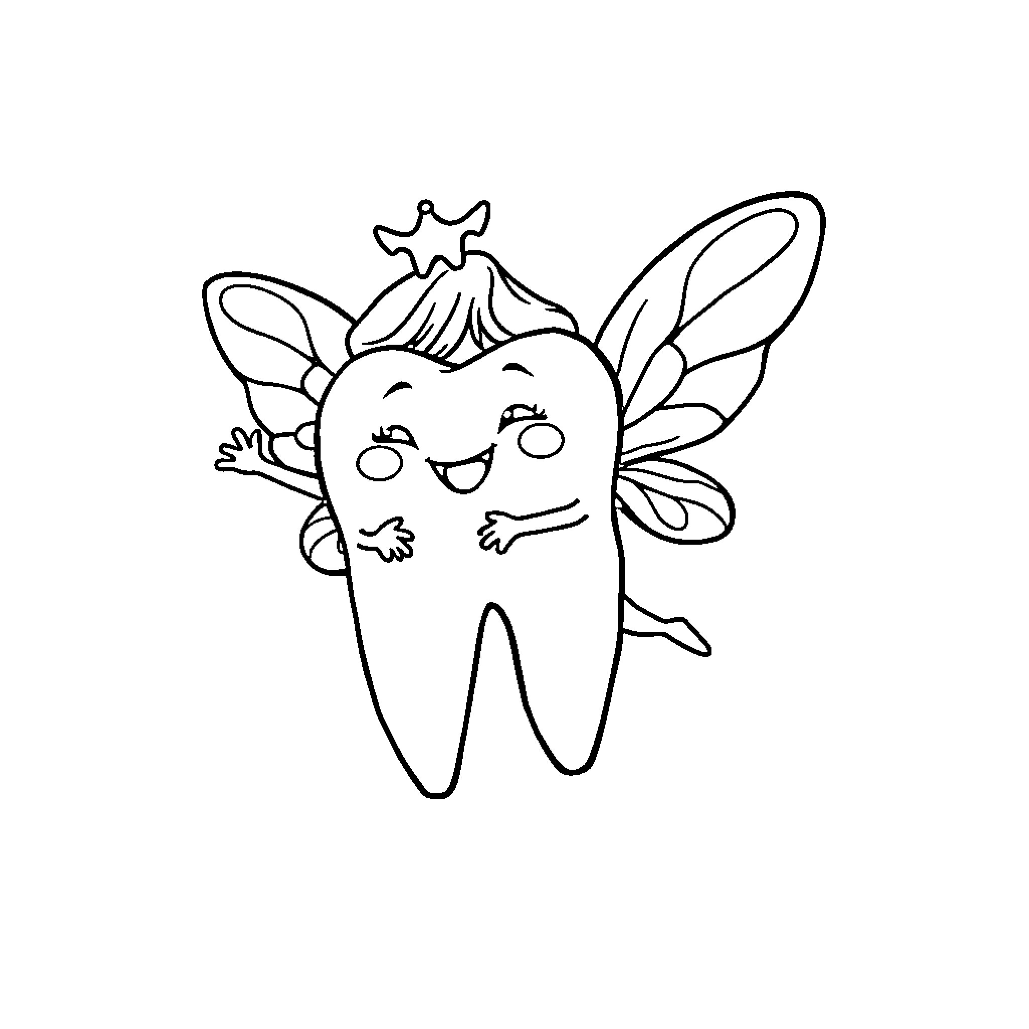 Tooth fairy with wings and crown Coloring Page (free black-and-white line drawing printable PDF for all, from beginners to advanced learners, including children, teens, adults, and seniors)