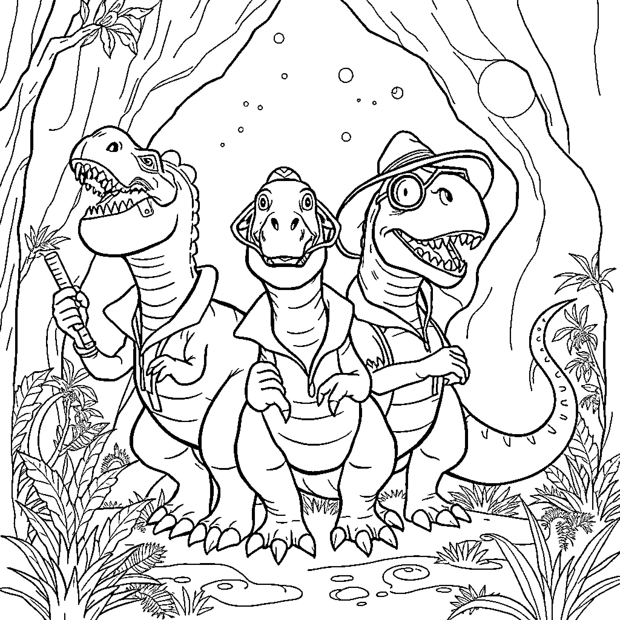 Dinosaurs having a playful adventure Coloring Page (free black-and-white line drawing printable PDF for all, from beginners to advanced learners, including children, teens, adults, and seniors)
