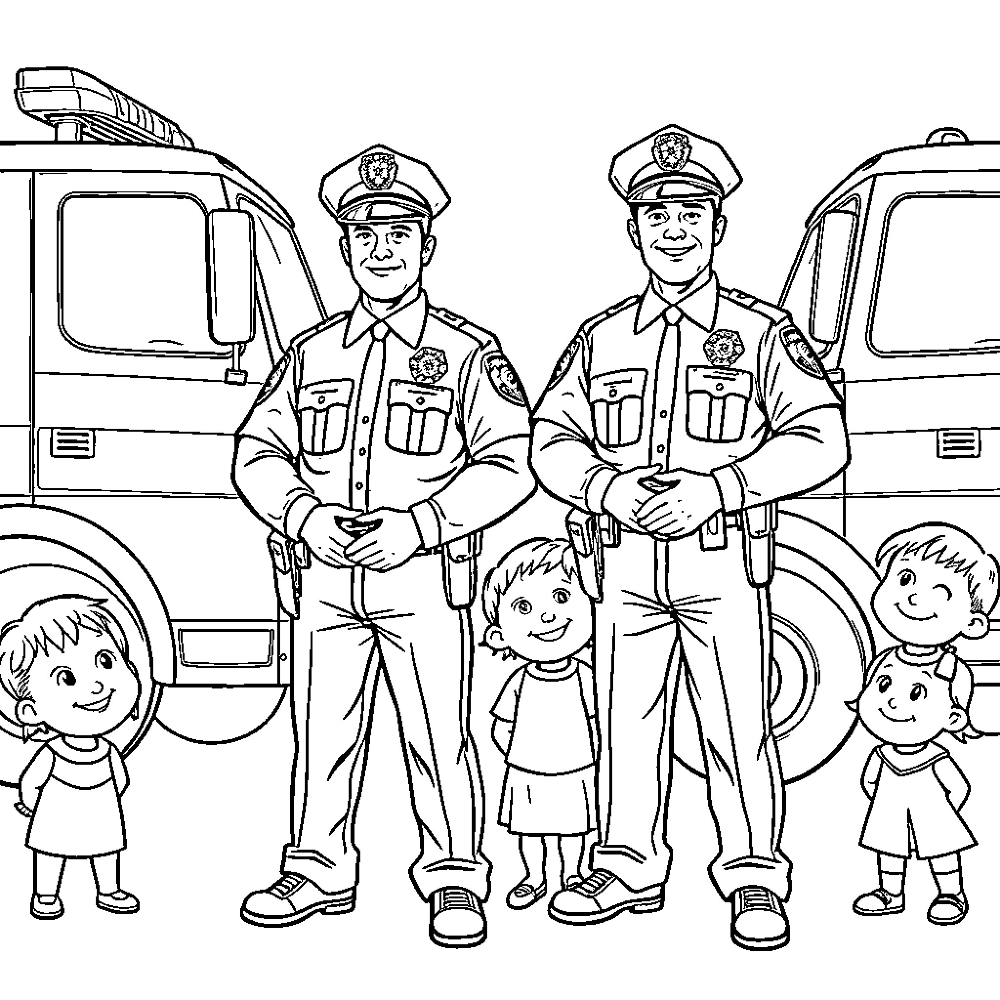 Police Officers Posing with Children and Vehicles Coloring Page (free black-and-white line drawing printable PDF for all, from beginners to advanced learners, including children, teens, adults, and seniors)