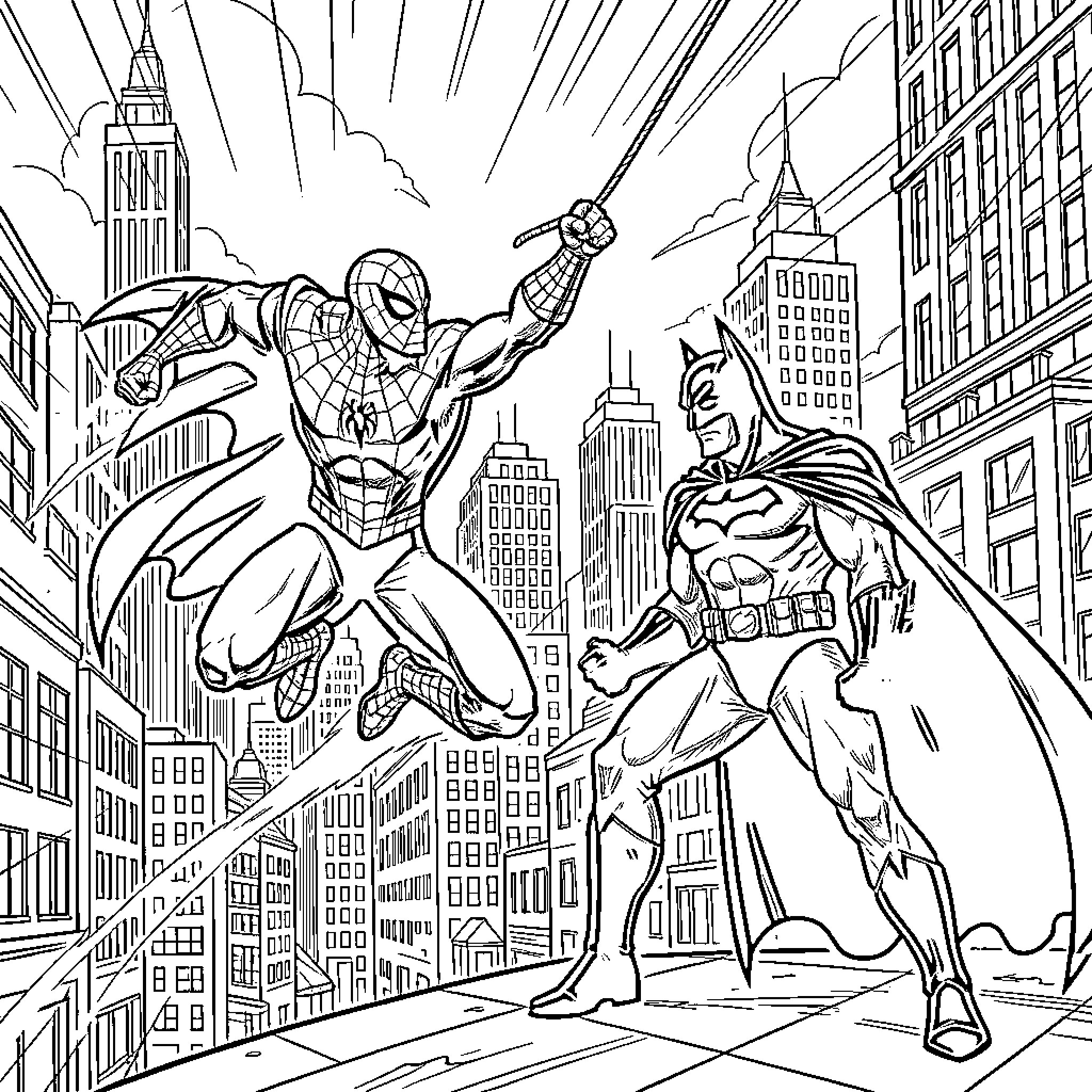 Spiderman and Batman heroically fighting in the city Coloring Page (free black-and-white line drawing printable PDF for all, from beginners to advanced learners, including children, teens, adults, and seniors)