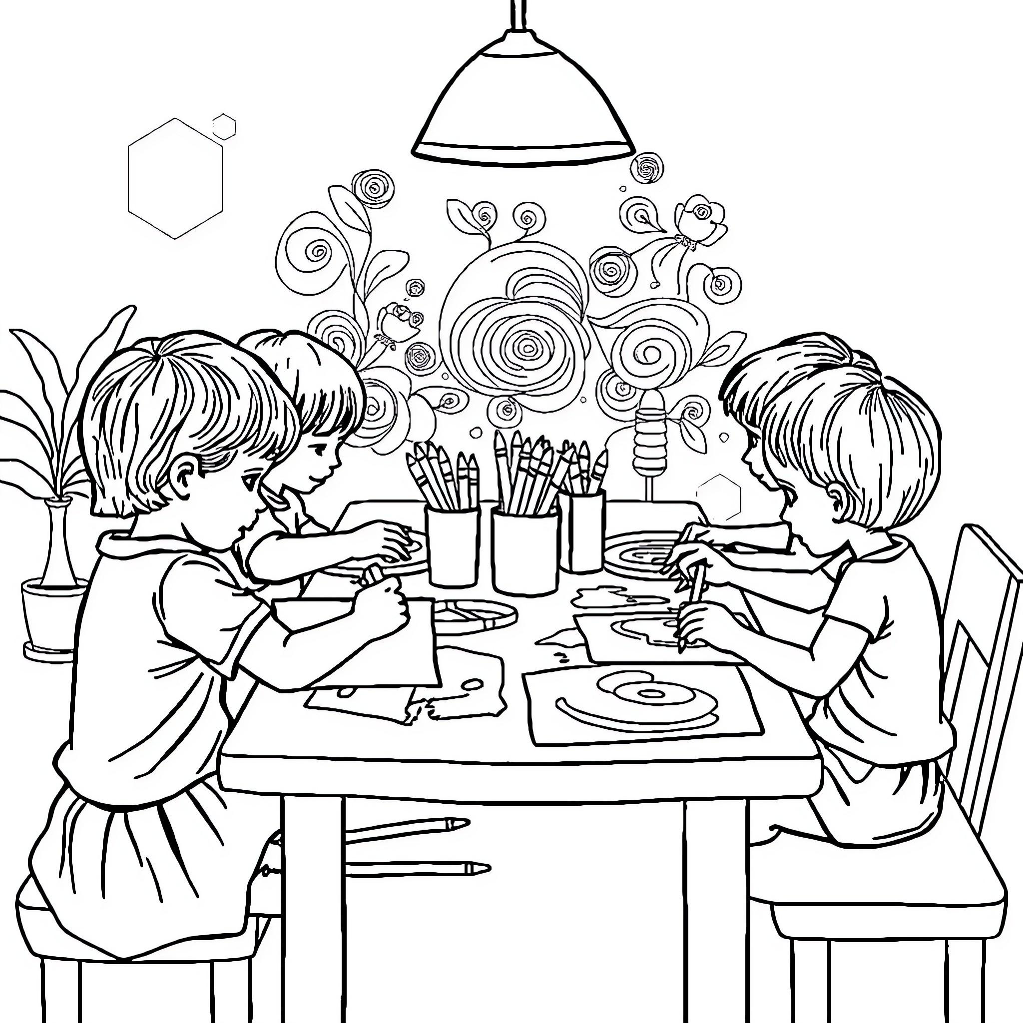 Art Children Exploring Artistic Expression Together Coloring Page (free black-and-white line drawing printable PDF for all, from beginners to advanced learners, including children, teens, adults, and seniors)