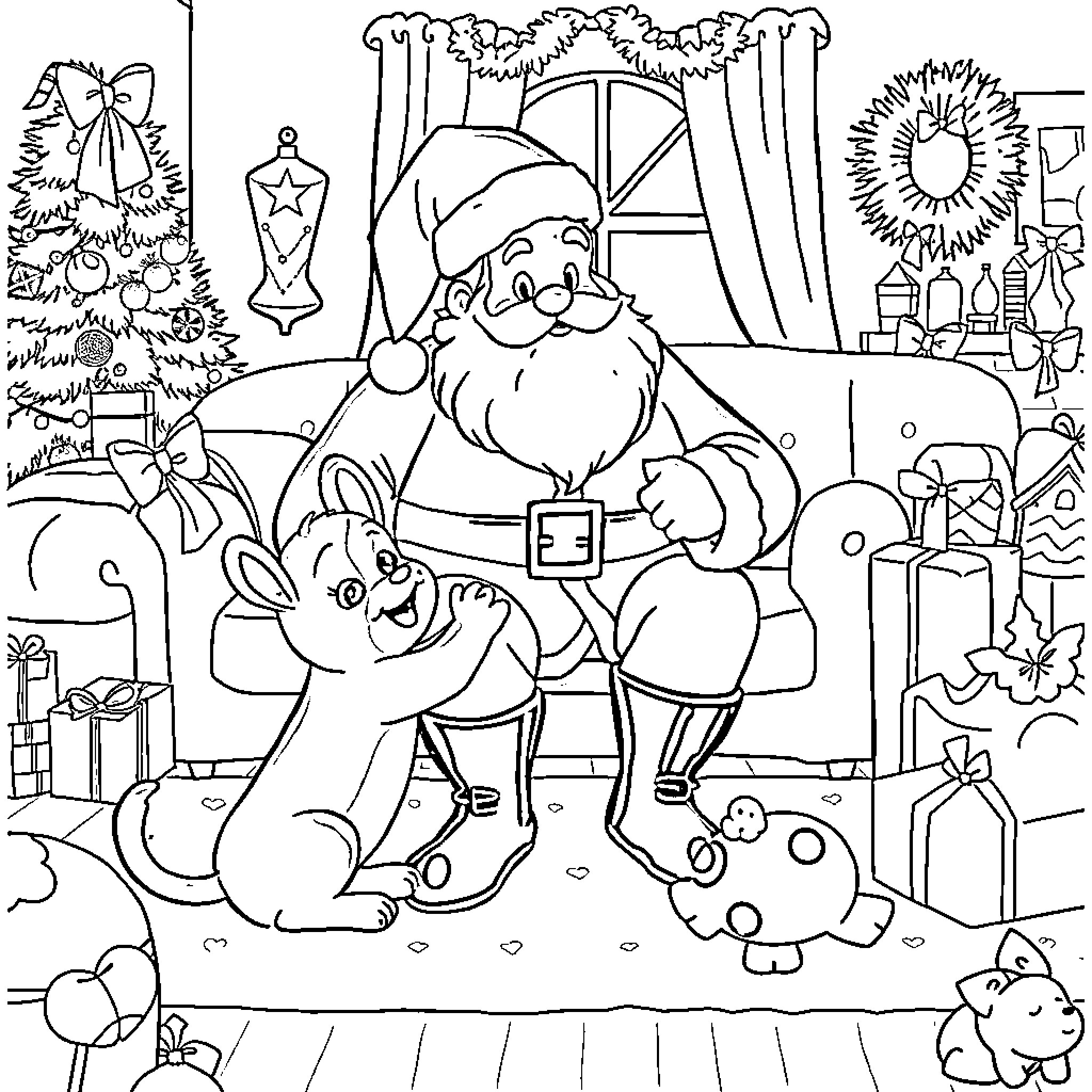 Bluey's Festive Adventure with Santa and Friends Coloring Page (free black-and-white line drawing printable PDF for all, from beginners to advanced learners, including children, teens, adults, and seniors)