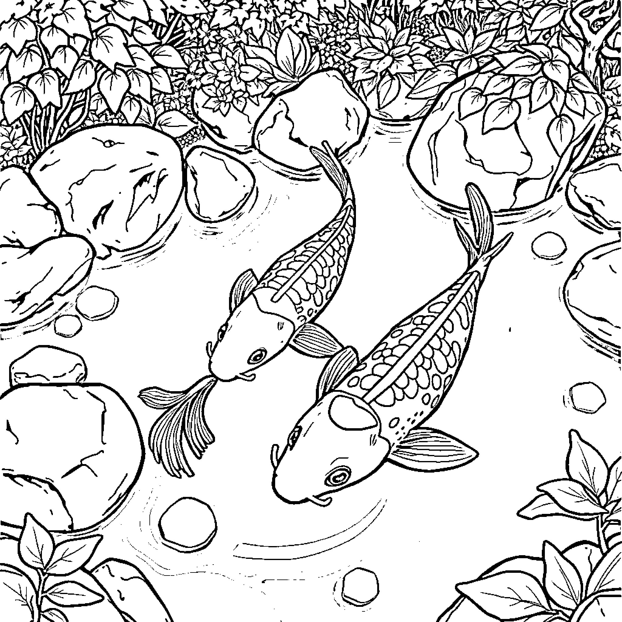 Koi Fish Swimming in Lush Garden Coloring Page (free black-and-white line drawing printable PDF for all, from beginners to advanced learners, including children, teens, adults, and seniors)