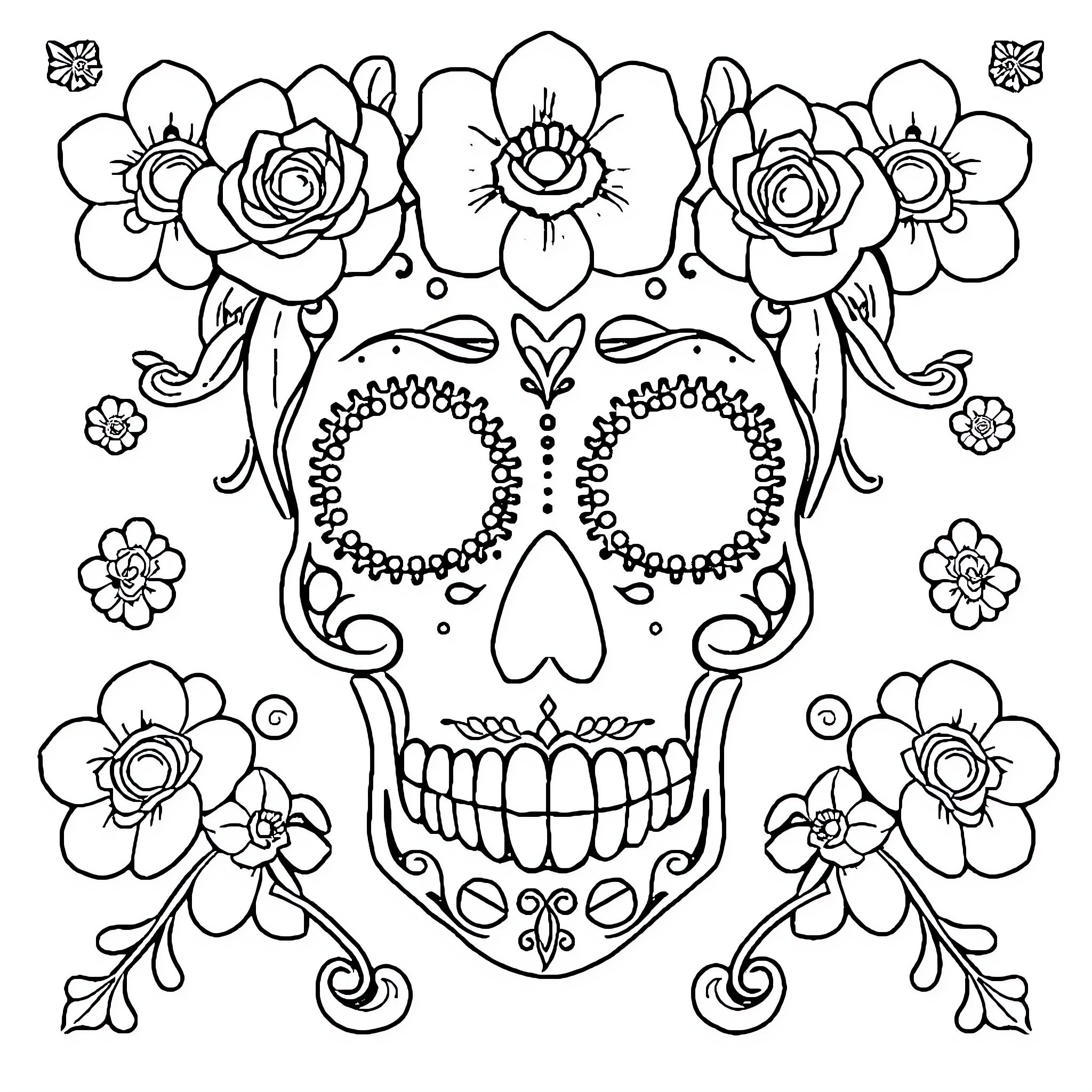 Sugar Skull with Decorative Floral Elements Coloring Page (free black-and-white line drawing printable PDF for all, from beginners to advanced learners, including children, teens, adults, and seniors)