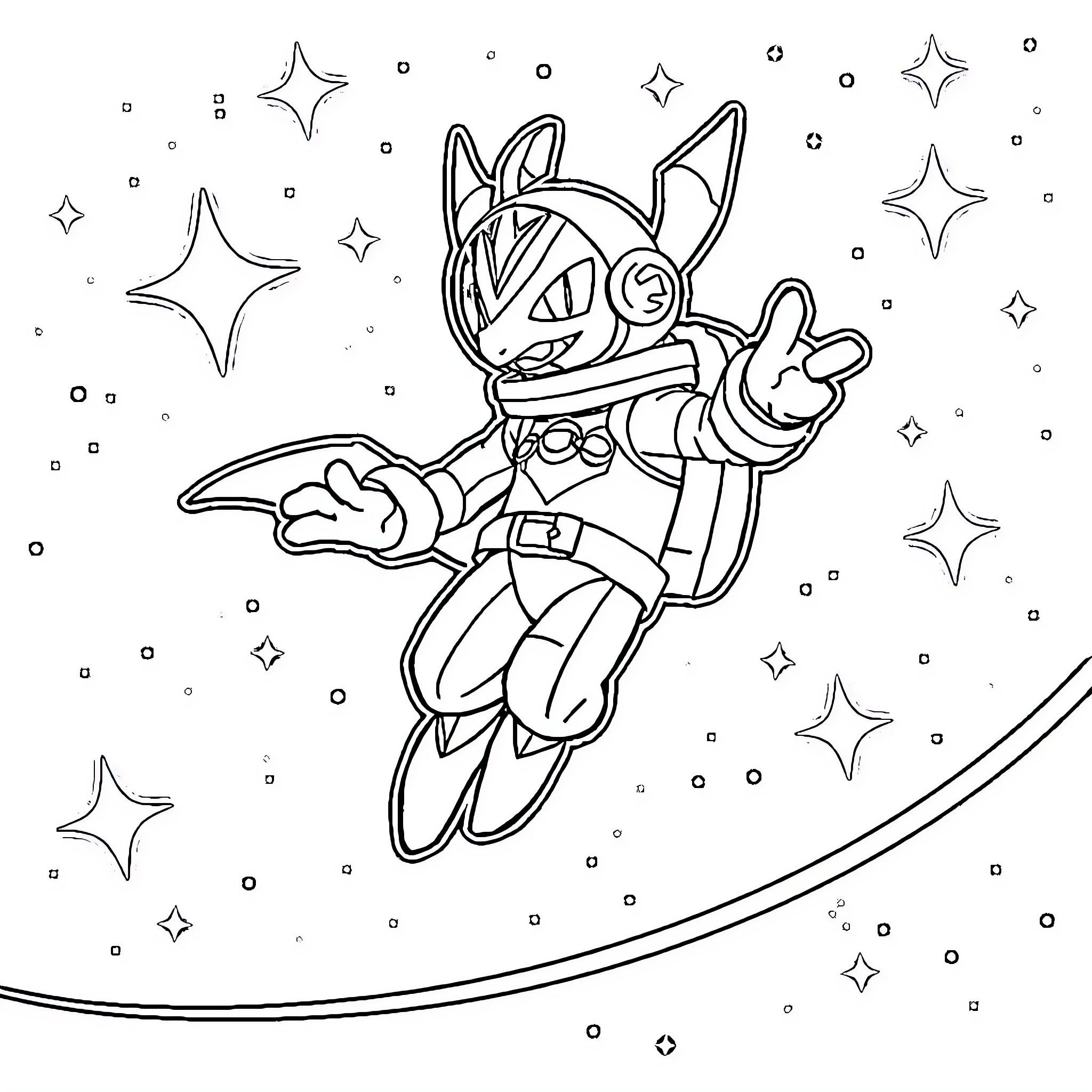 Zekrom soaring through the starry sky Coloring Page (free black-and-white line drawing printable PDF for all, from beginners to advanced learners, including children, teens, adults, and seniors)