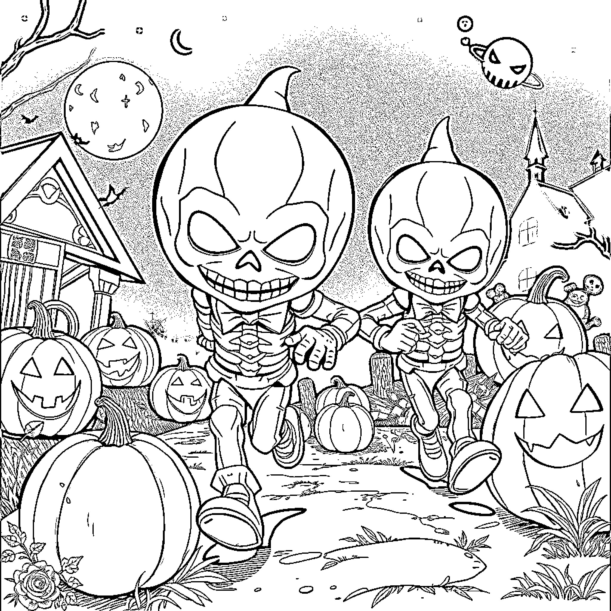 Killer Klown Pumpkin Patch Mischief Coloring Page (free black-and-white line drawing printable PDF for all, from beginners to advanced learners, including children, teens, adults, and seniors)