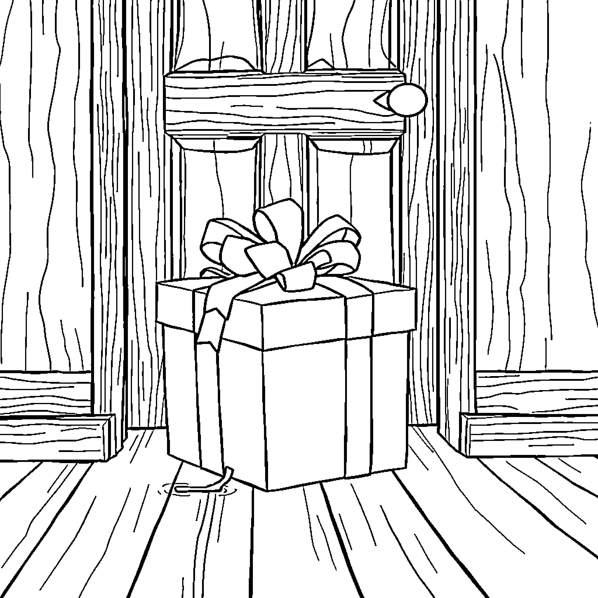 Gift Box Placed Under Wooden Window Frame Coloring Page (free black-and-white line drawing printable PDF for all, from beginners to advanced learners, including children, teens, adults, and seniors)
