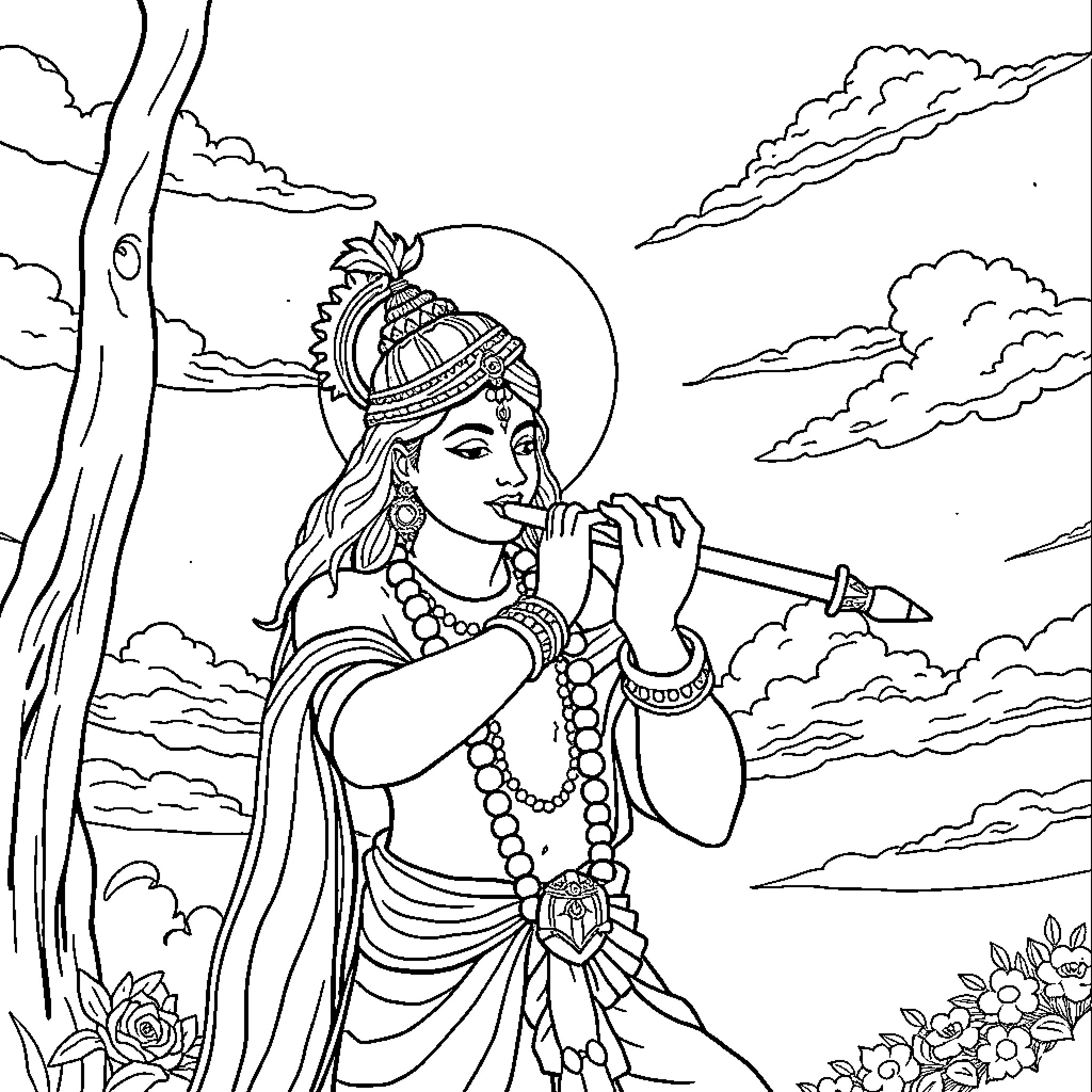 Krishna playing the flute in a serene landscape Coloring Page (free black-and-white line drawing printable PDF for all, from beginners to advanced learners, including children, teens, adults, and seniors)