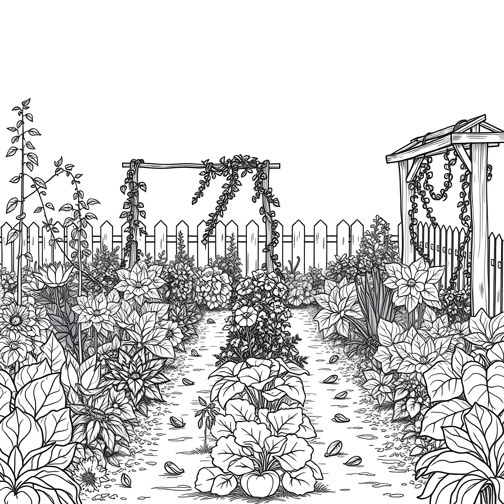Vegetable Garden with Decorative Archway Coloring Page (free black-and-white line drawing printable PDF for all, from beginners to advanced learners, including children, teens, adults, and seniors)