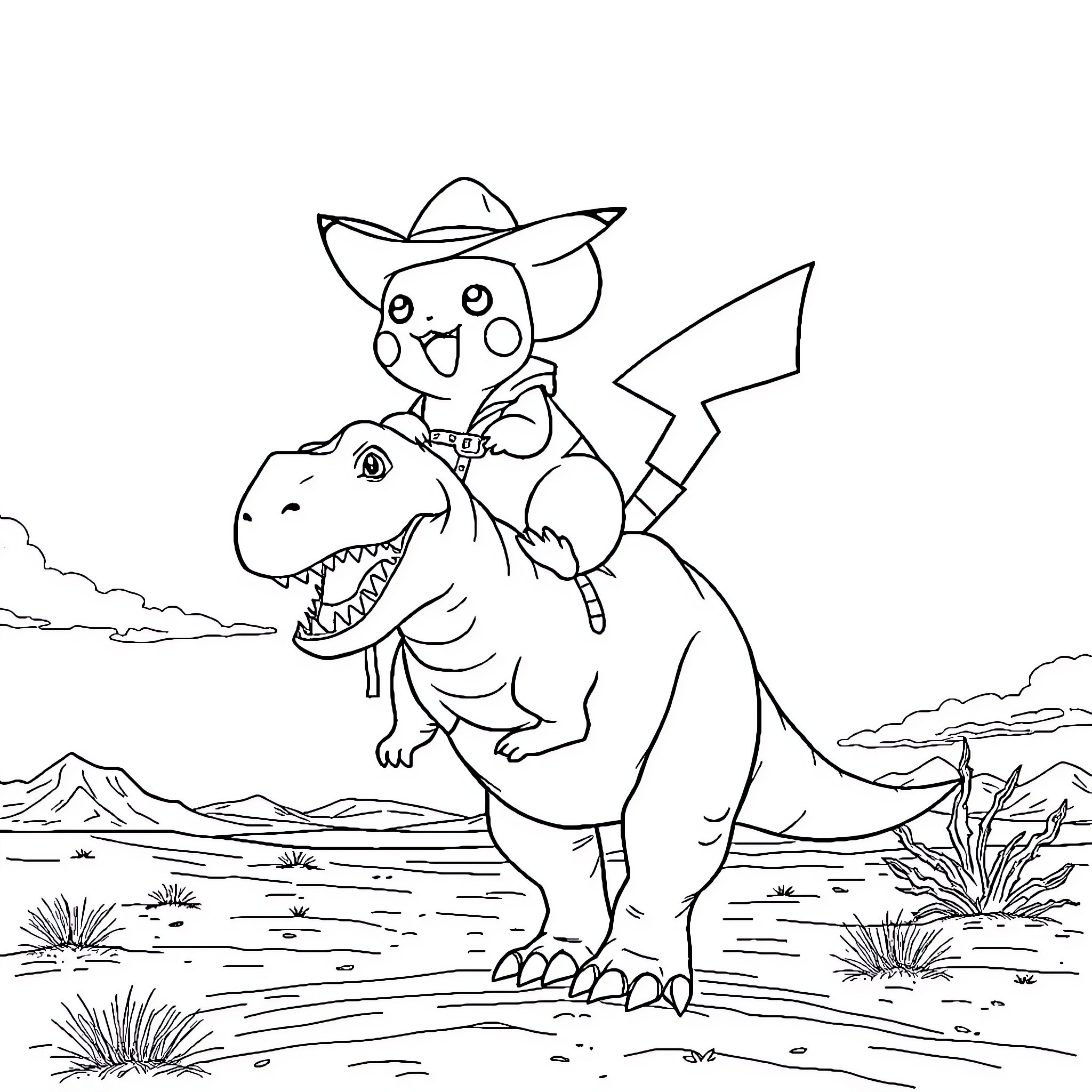 Pikachu riding a dinosaur in the wild Coloring Page (free black-and-white line drawing printable PDF for all, from beginners to advanced learners, including children, teens, adults, and seniors)