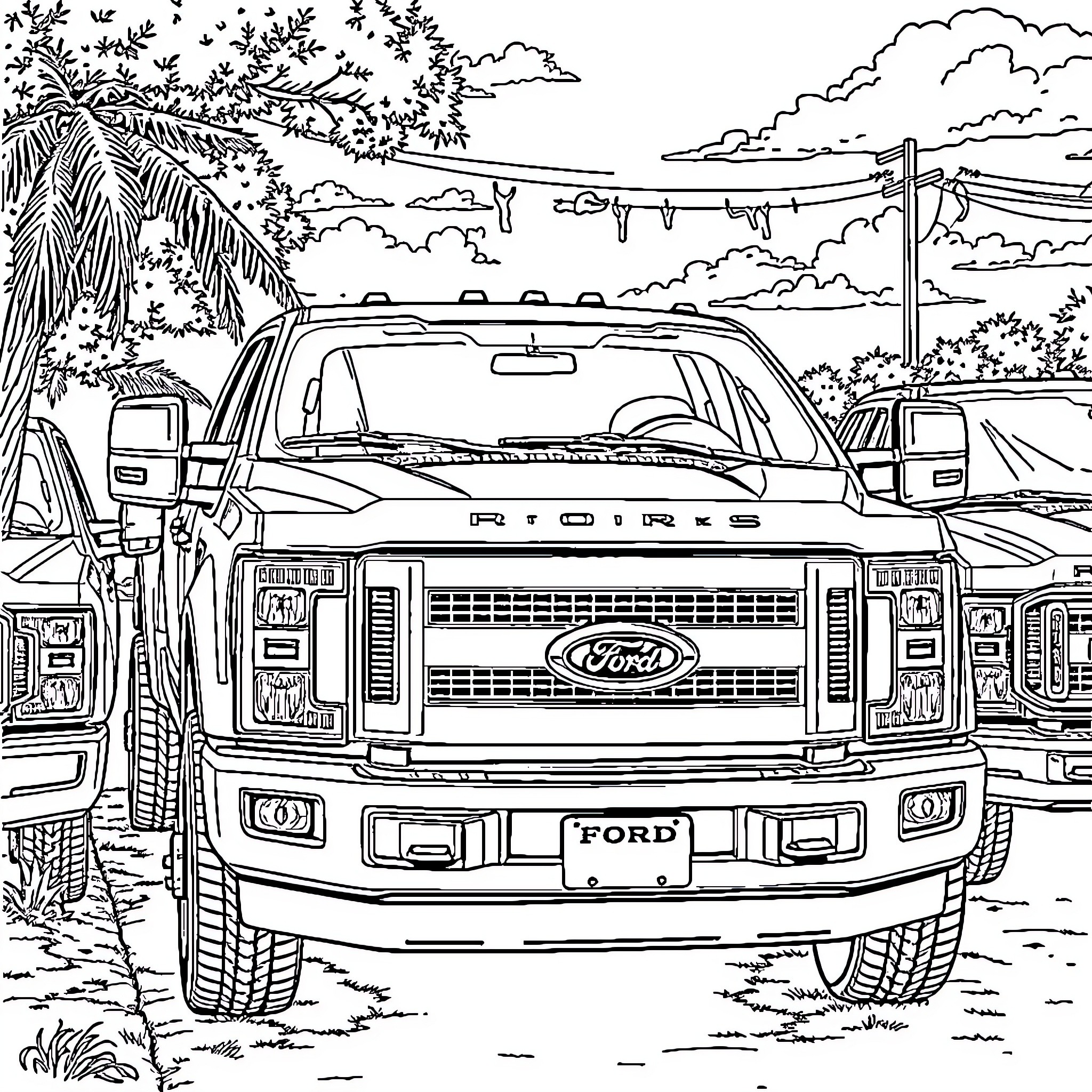 Ford Truck parked in rural landscape Coloring Page (free black-and-white line drawing printable PDF for all, from beginners to advanced learners, including children, teens, adults, and seniors)