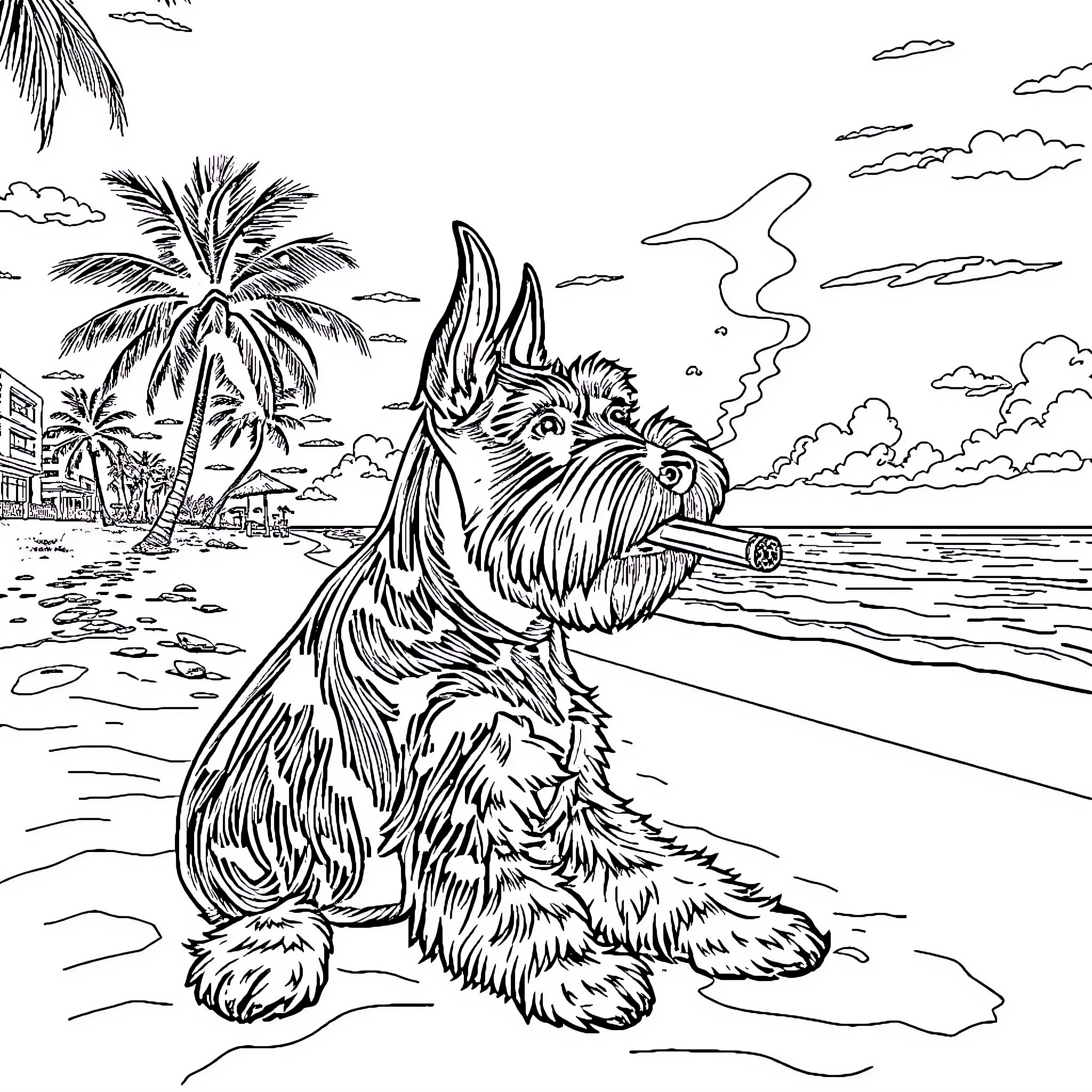 Schnauzer enjoying a beachside vacation Coloring Page (free black-and-white line drawing printable PDF for all, from beginners to advanced learners, including children, teens, adults, and seniors)