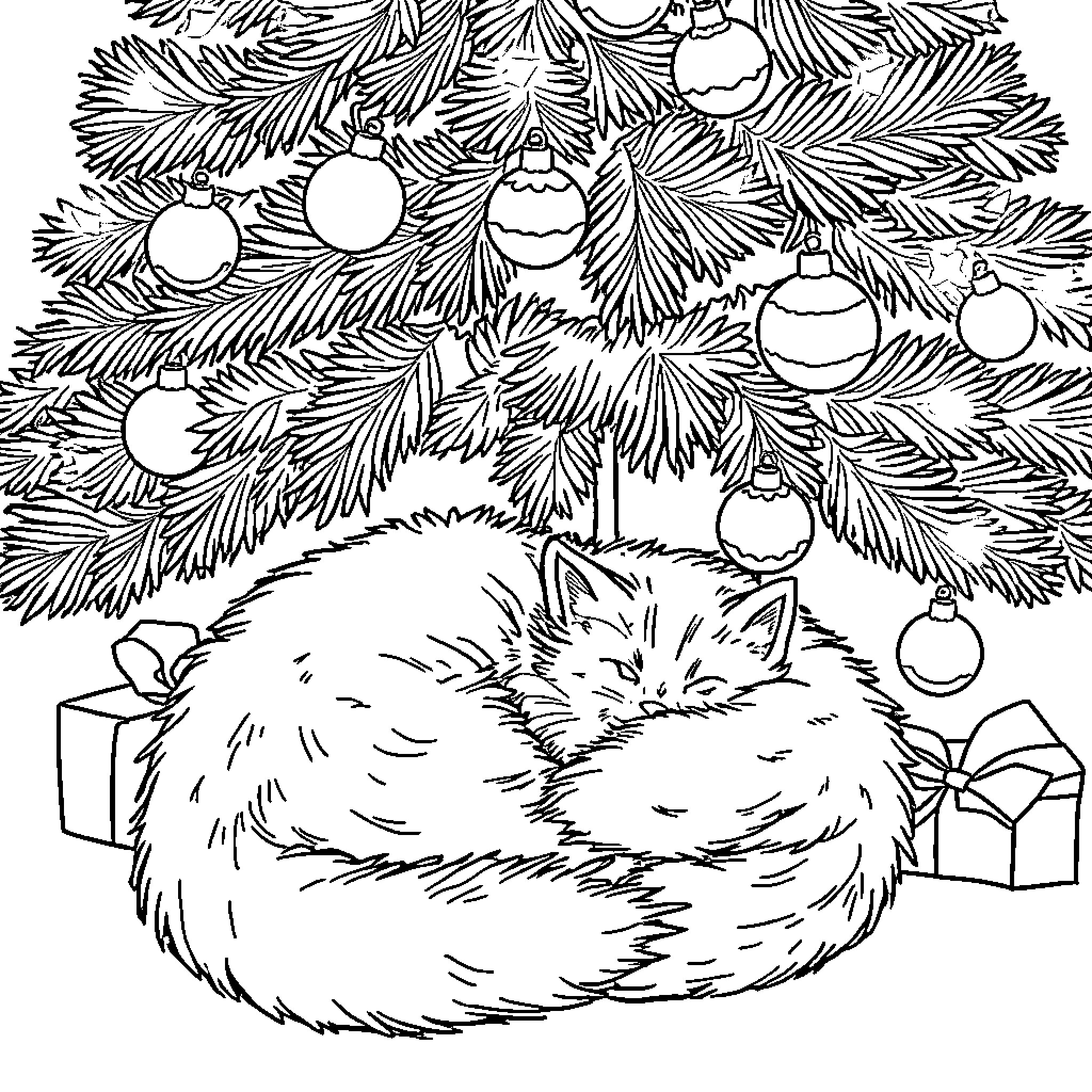 Cat curled up sleeping under Christmas tree Coloring Page (free black-and-white line drawing printable PDF for all, from beginners to advanced learners, including children, teens, adults, and seniors)