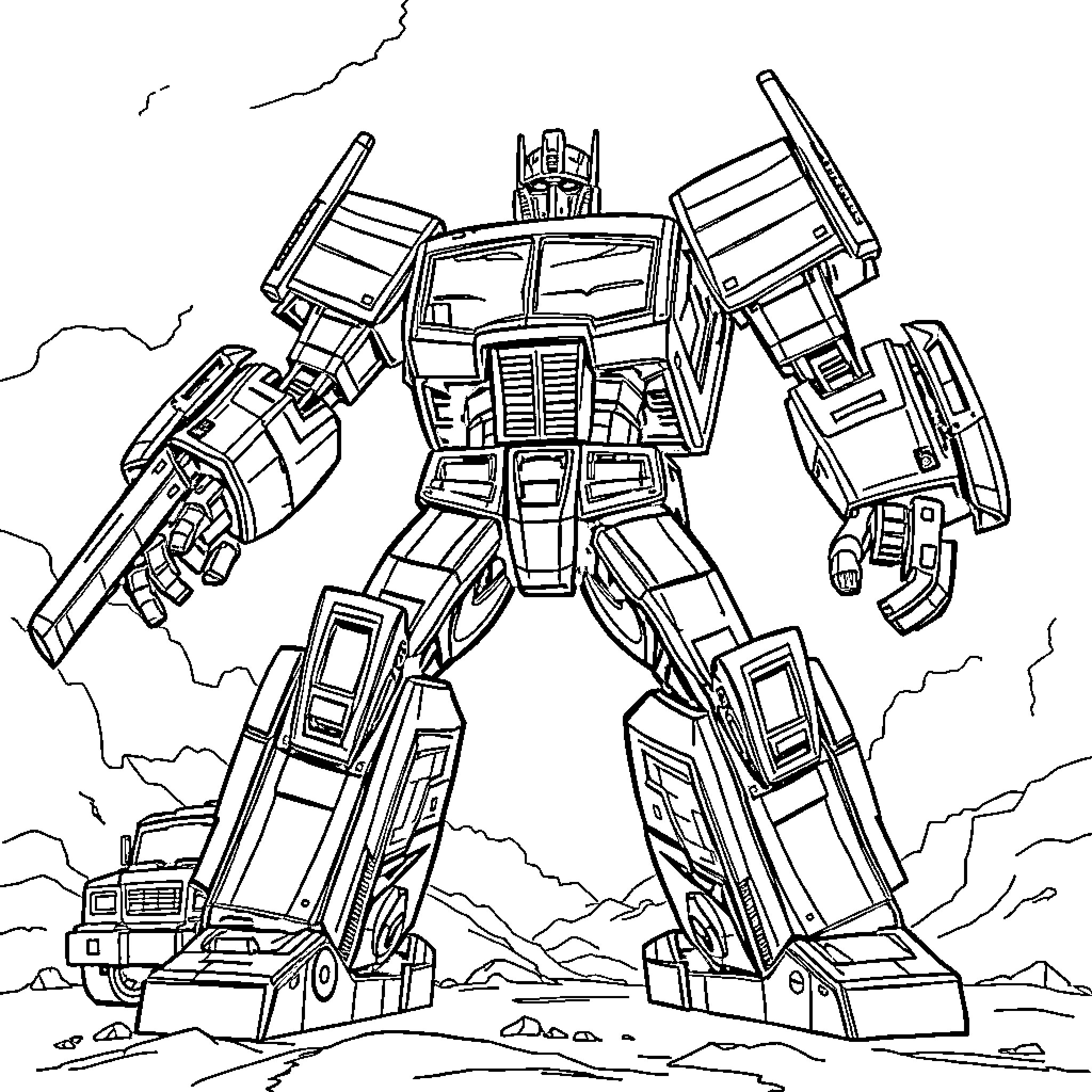 Robot Transformer in Heroic Pose Against Cloudy Sky Coloring Page (free black-and-white line drawing printable PDF for all, from beginners to advanced learners, including children, teens, adults, and seniors)