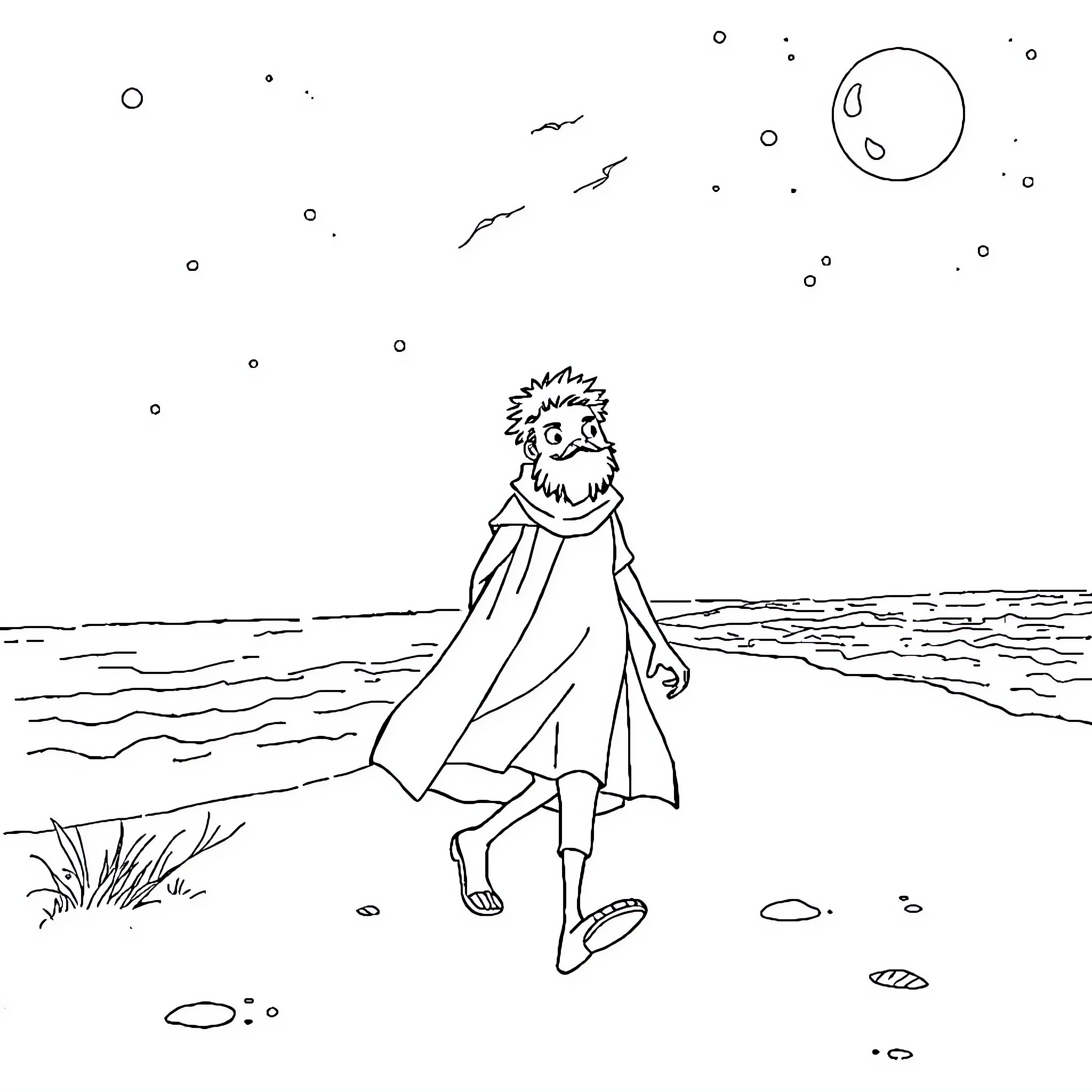 Wednesday figure walking alone on the beach Coloring Page (free black-and-white line drawing printable PDF for all, from beginners to advanced learners, including children, teens, adults, and seniors)