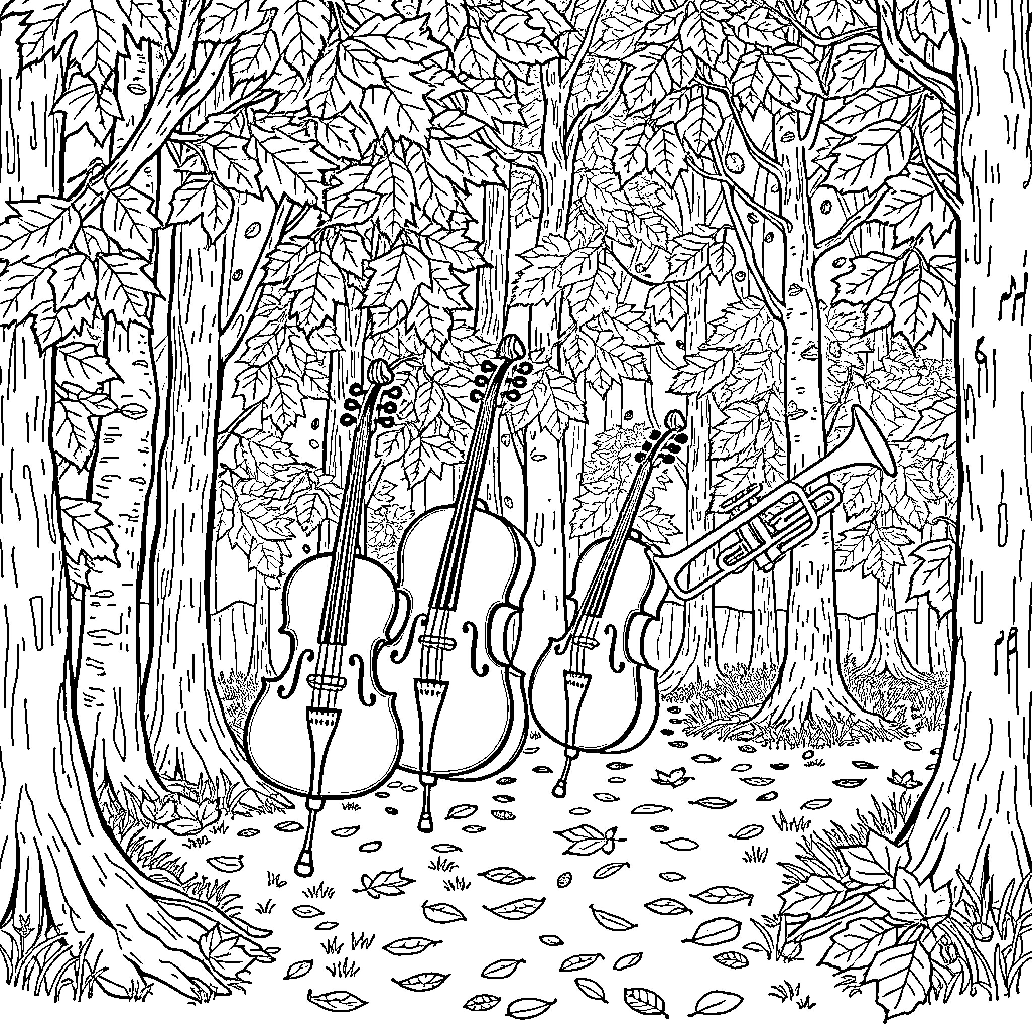 Instrument ensemble among leafy forest Coloring Page (free black-and-white line drawing printable PDF for all, from beginners to advanced learners, including children, teens, adults, and seniors)