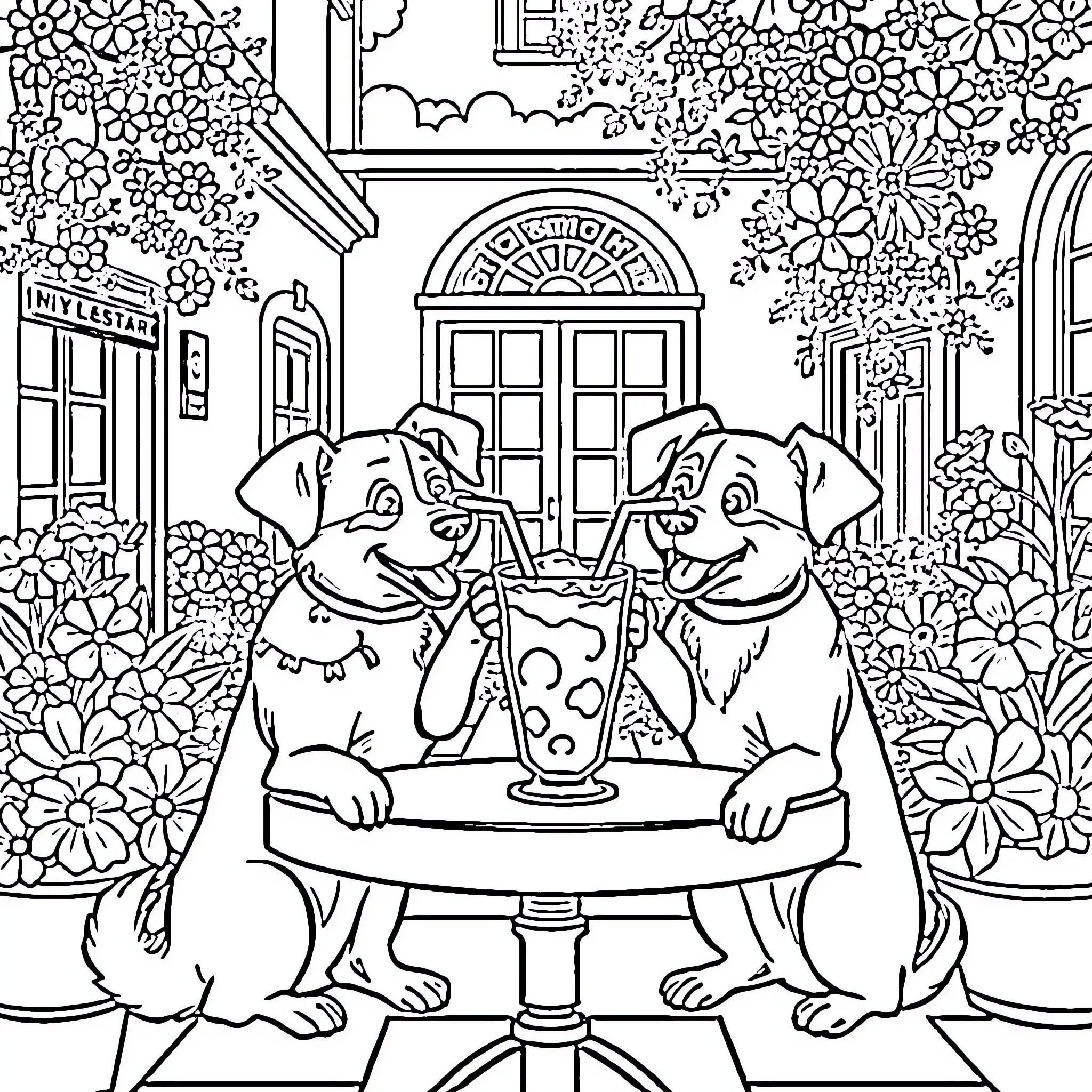 Dog duo enjoying a treat at a cafe Coloring Page (free black-and-white line drawing printable PDF for all, from beginners to advanced learners, including children, teens, adults, and seniors)