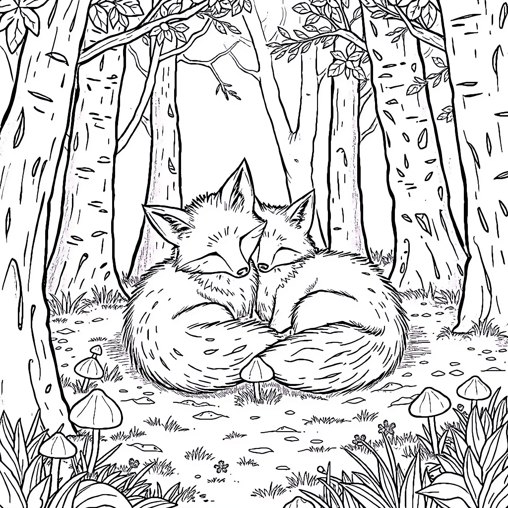 Fox resting peacefully in the enchanted forest Coloring Page (free black-and-white line drawing printable PDF for all, from beginners to advanced learners, including children, teens, adults, and seniors)