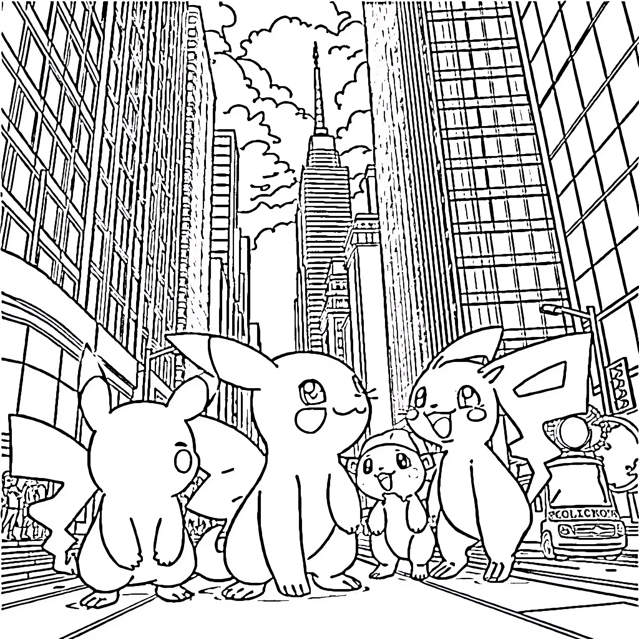 Pokémon characters exploring the city skyline Coloring Page (free black-and-white line drawing printable PDF for all, from beginners to advanced learners, including children, teens, adults, and seniors)