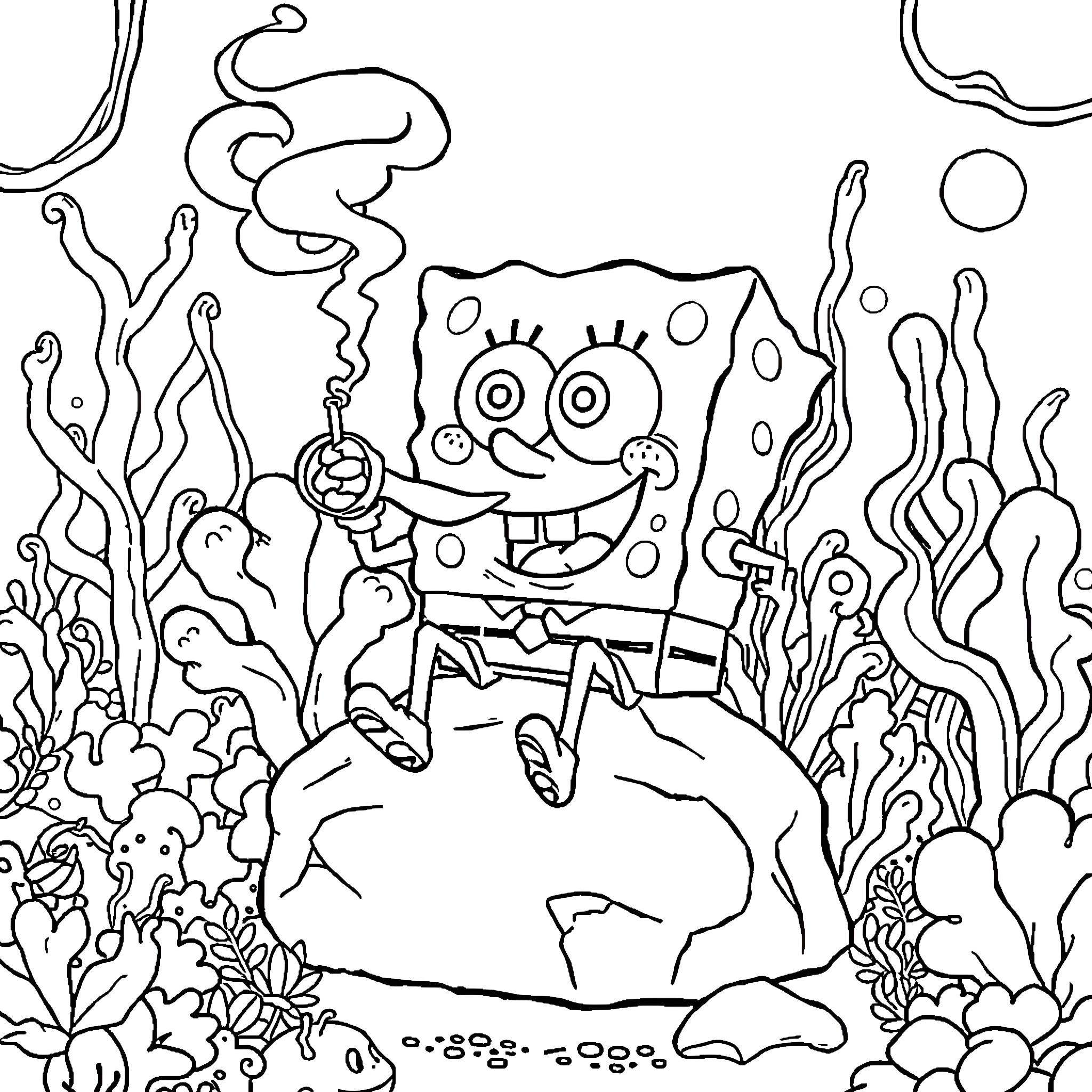 Spongebob exploring the underwater world Coloring Page (free black-and-white line drawing printable PDF for all, from beginners to advanced learners, including children, teens, adults, and seniors)