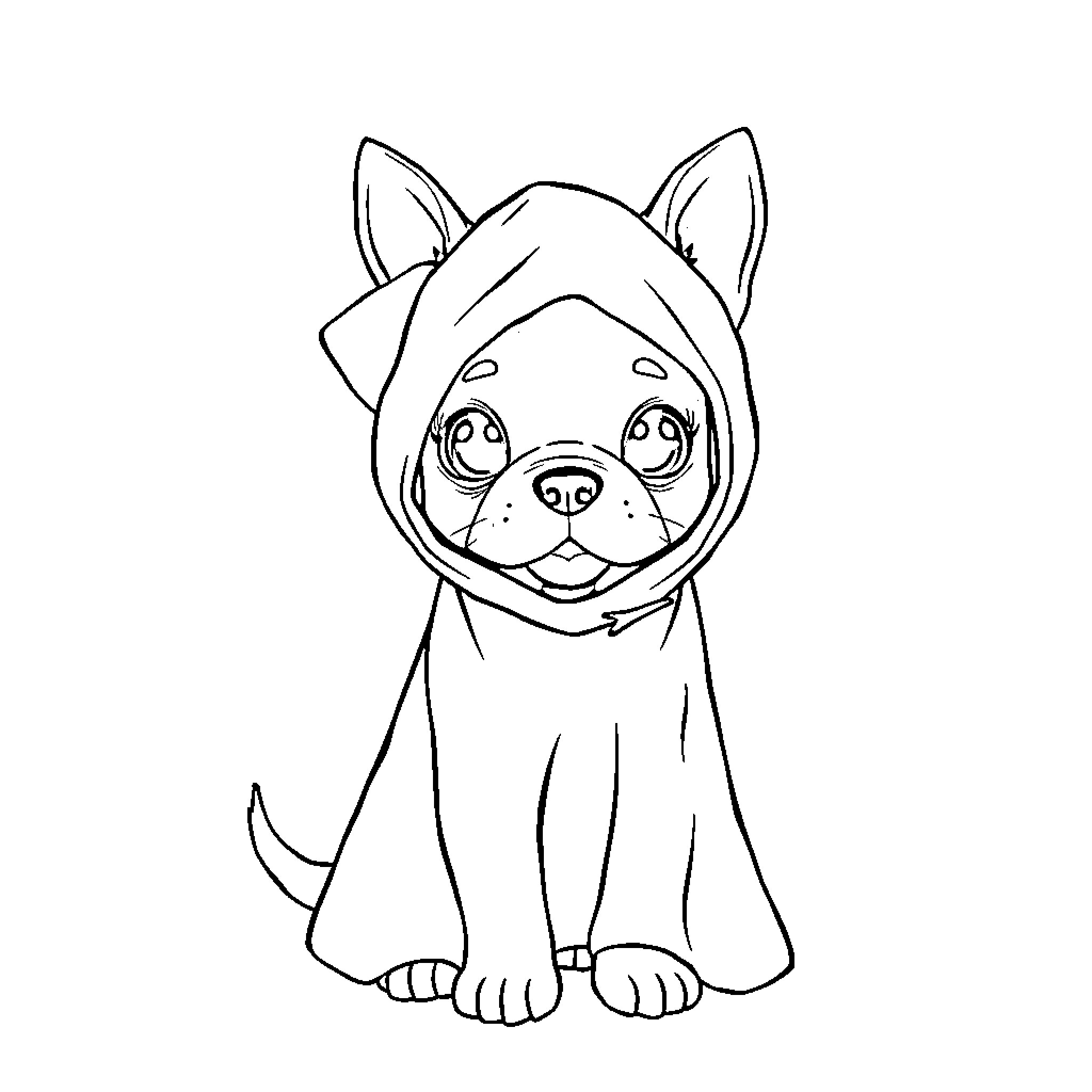 Puppy Wearing Cute Hoodie Coloring Page (free black-and-white line drawing printable PDF for all, from beginners to advanced learners, including children, teens, adults, and seniors)