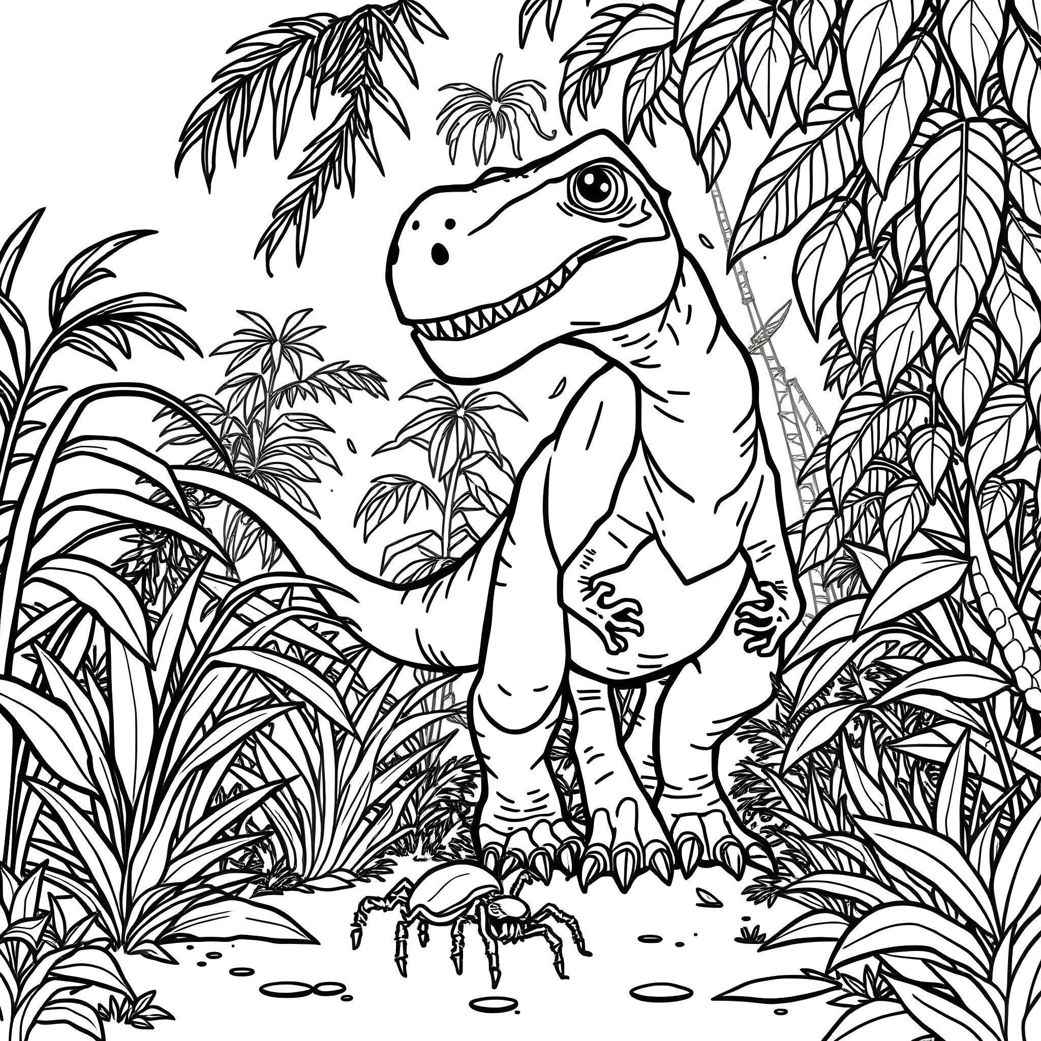 Spider-Dinosaur in Lush Jungle Habitat Coloring Page (free black-and-white line drawing printable PDF for all, from beginners to advanced learners, including children, teens, adults, and seniors)