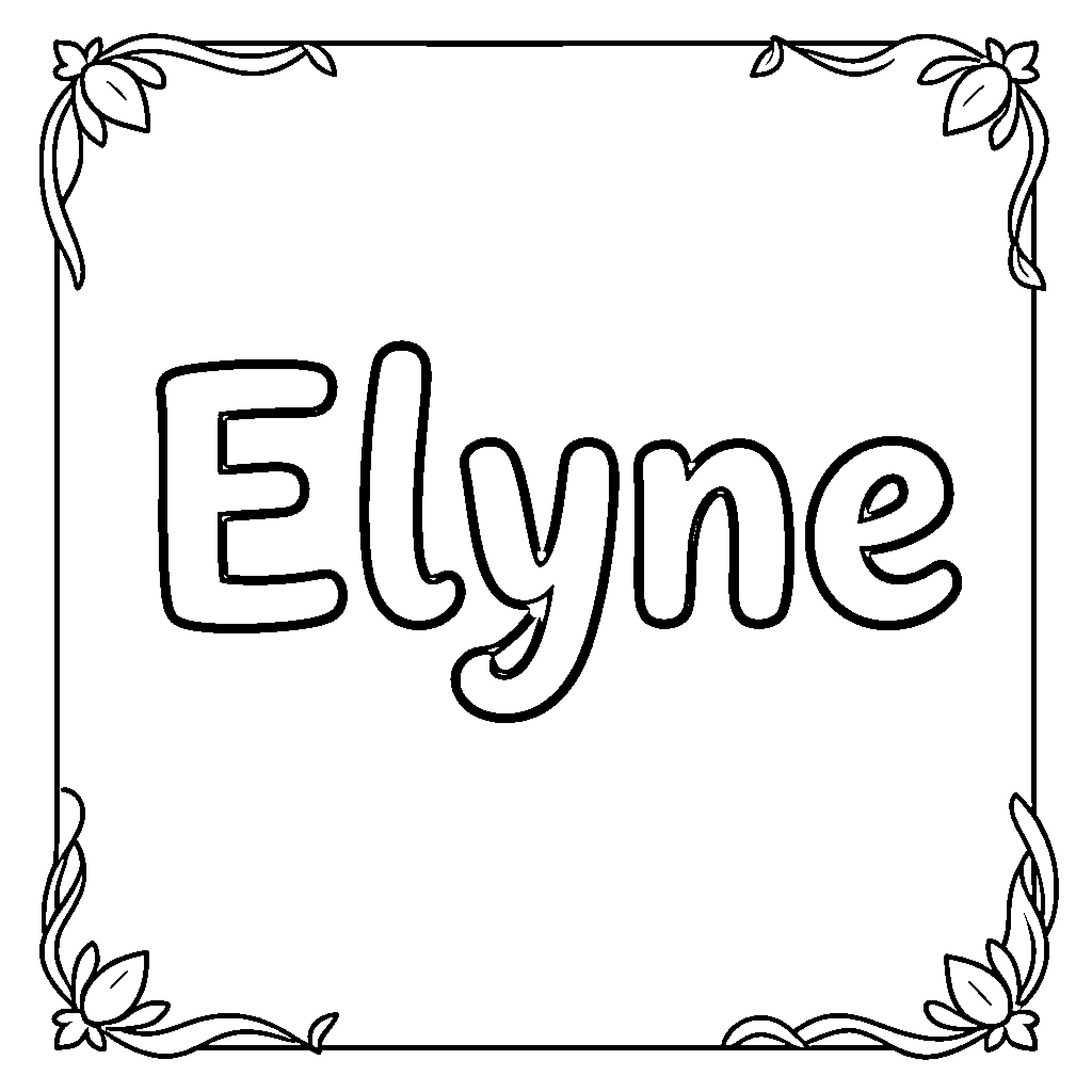 Elyne written in a decorative floral frame Coloring Page (free black-and-white line drawing printable PDF for all, from beginners to advanced learners, including children, teens, adults, and seniors)