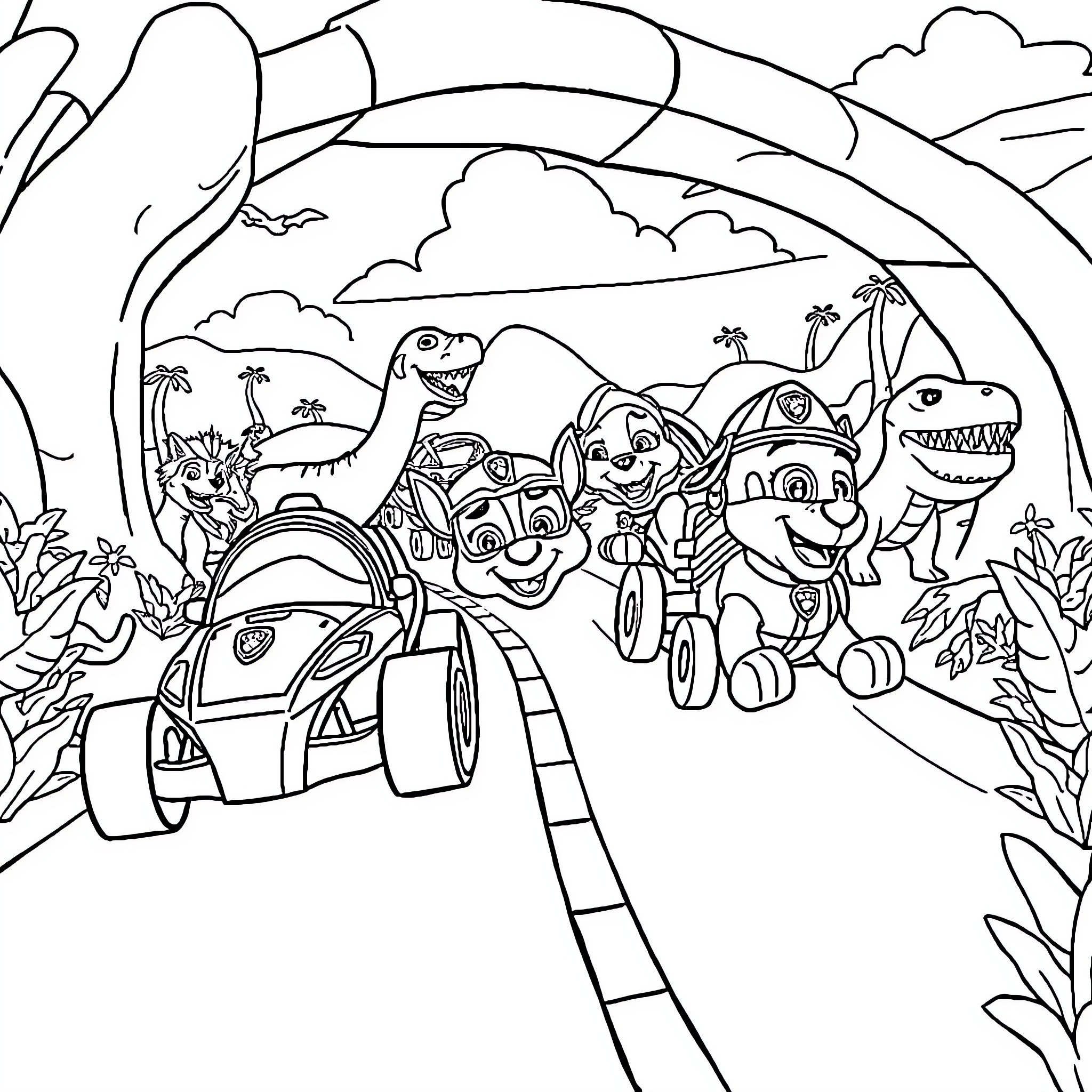 Paw Patrol Adventuring in the Jungle Coloring Page (free black-and-white line drawing printable PDF for all, from beginners to advanced learners, including children, teens, adults, and seniors)