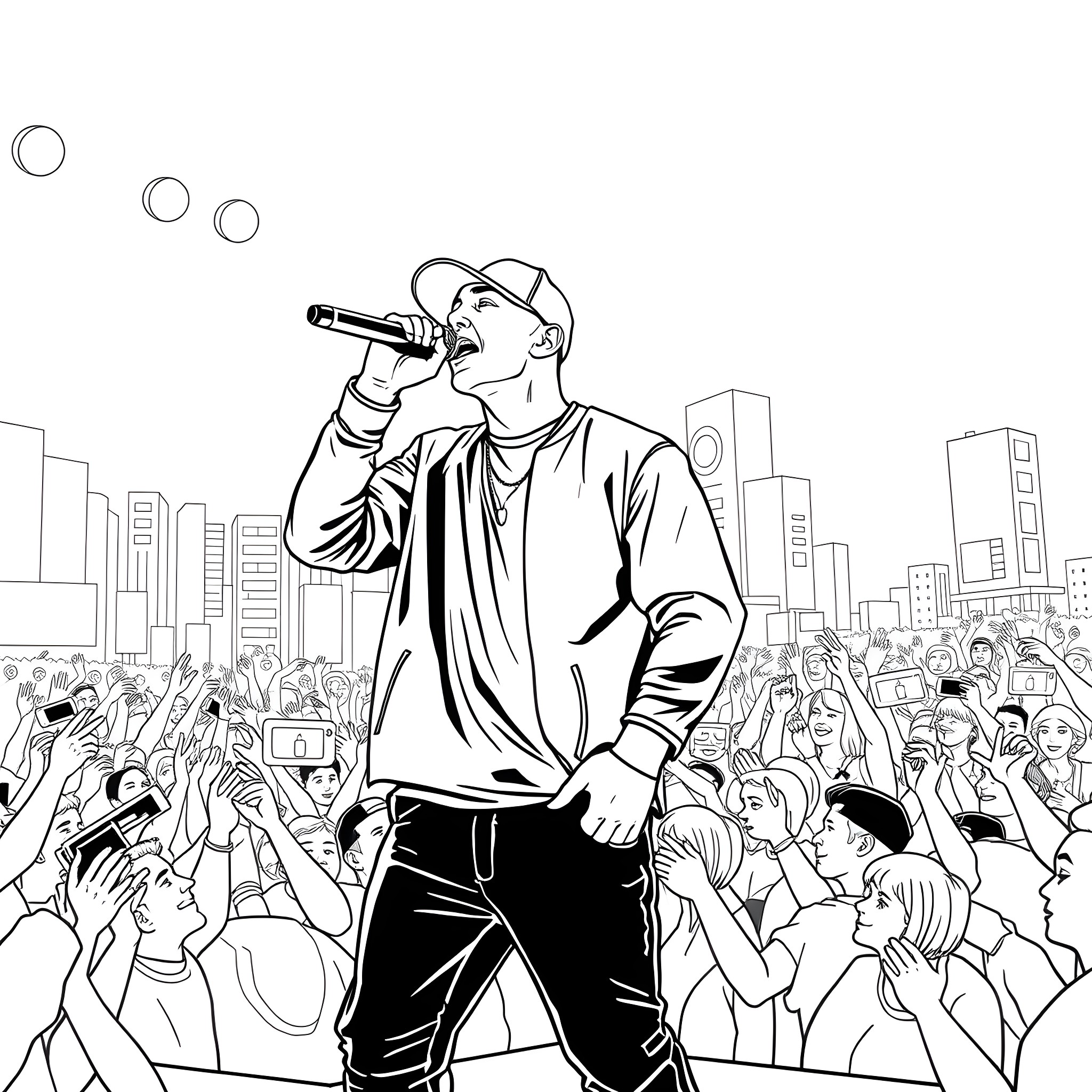 Eminem Performing on Stage with Crowd Coloring Page (free black-and-white line drawing printable PDF for all, from beginners to advanced learners, including children, teens, adults, and seniors)