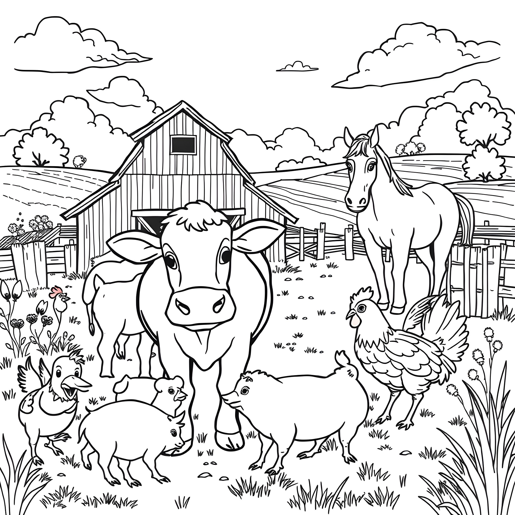 Farm Animal Scene with Barn and Livestock Coloring Page (free black-and-white line drawing printable PDF for all, from beginners to advanced learners, including children, teens, adults, and seniors)