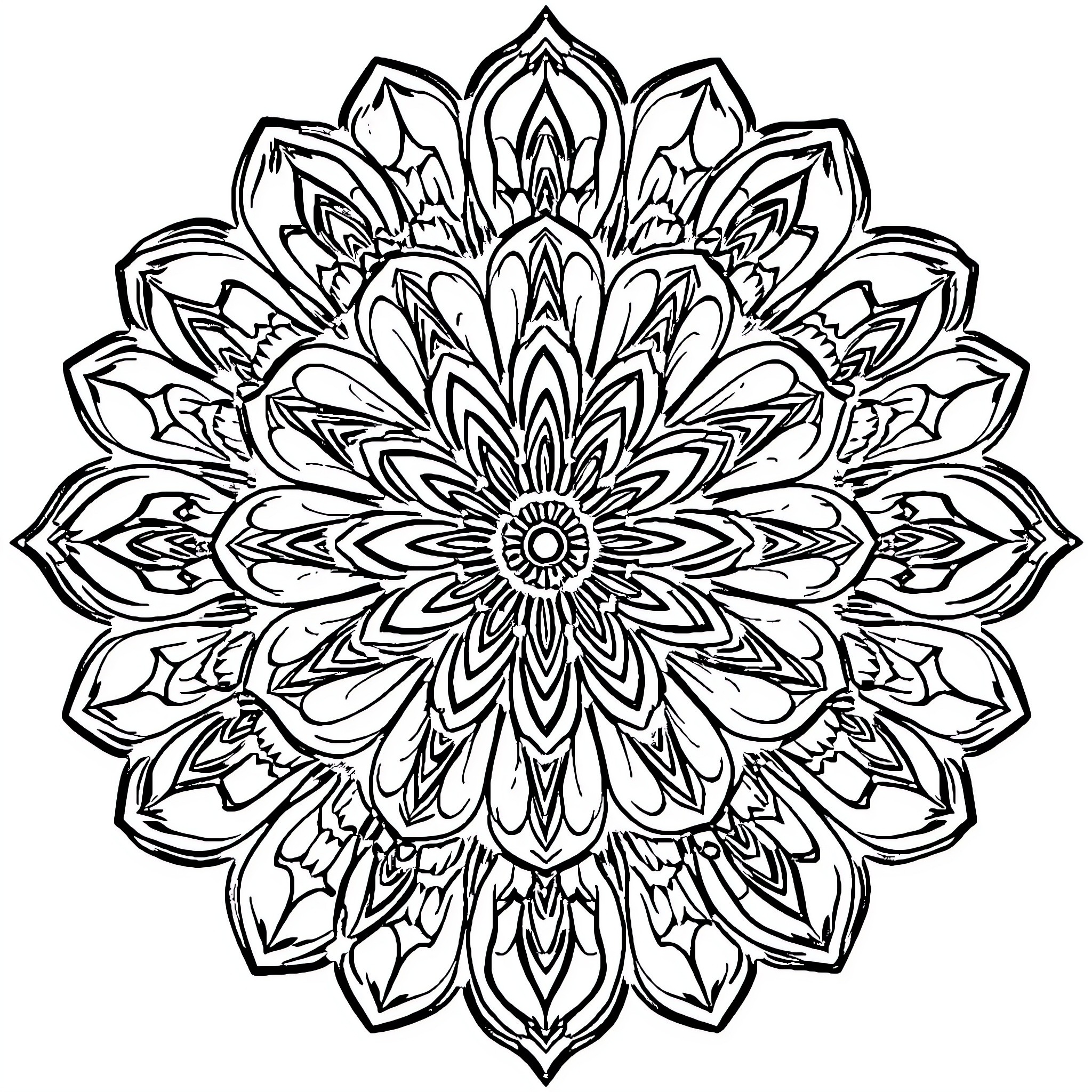Mandala of intricate floral patterns Coloring Page (free black-and-white line drawing printable PDF for all, from beginners to advanced learners, including children, teens, adults, and seniors)