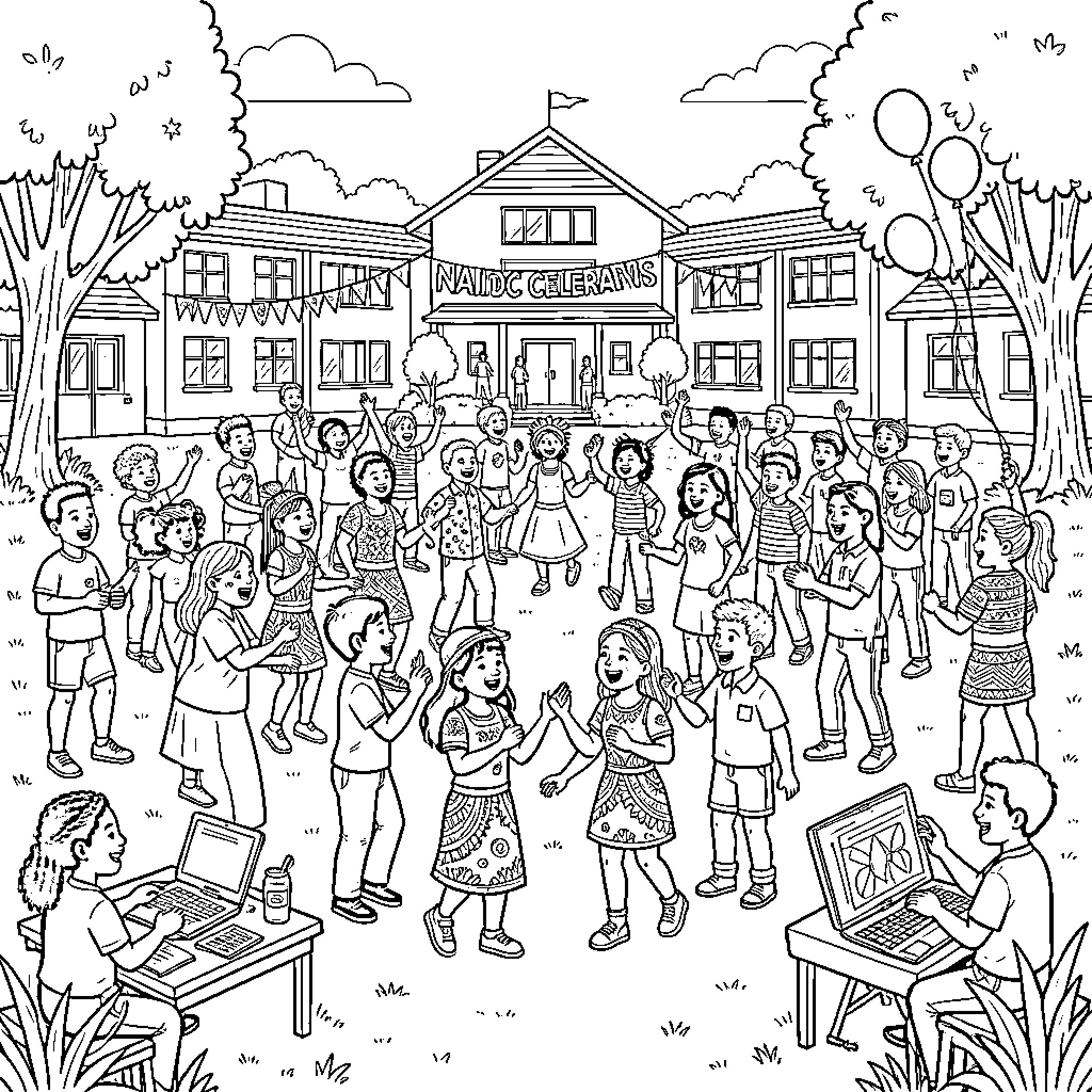 Naidoc celebrations with children dancing and playing outdoors Coloring Page (free black-and-white line drawing printable PDF for all, from beginners to advanced learners, including children, teens, adults, and seniors)