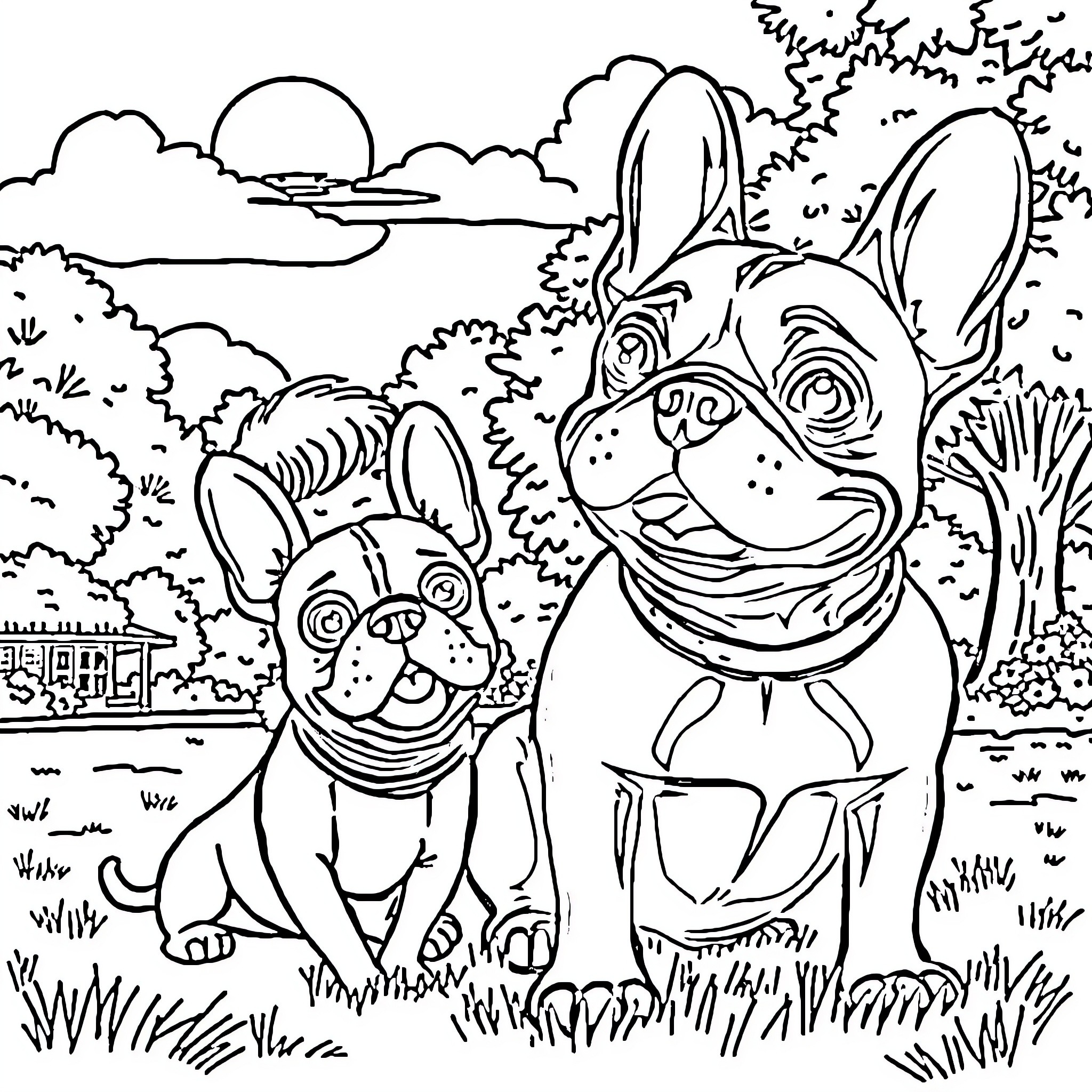 Boy and his friends in a playful outdoor scene Coloring Page (free black-and-white line drawing printable PDF for all, from beginners to advanced learners, including children, teens, adults, and seniors)