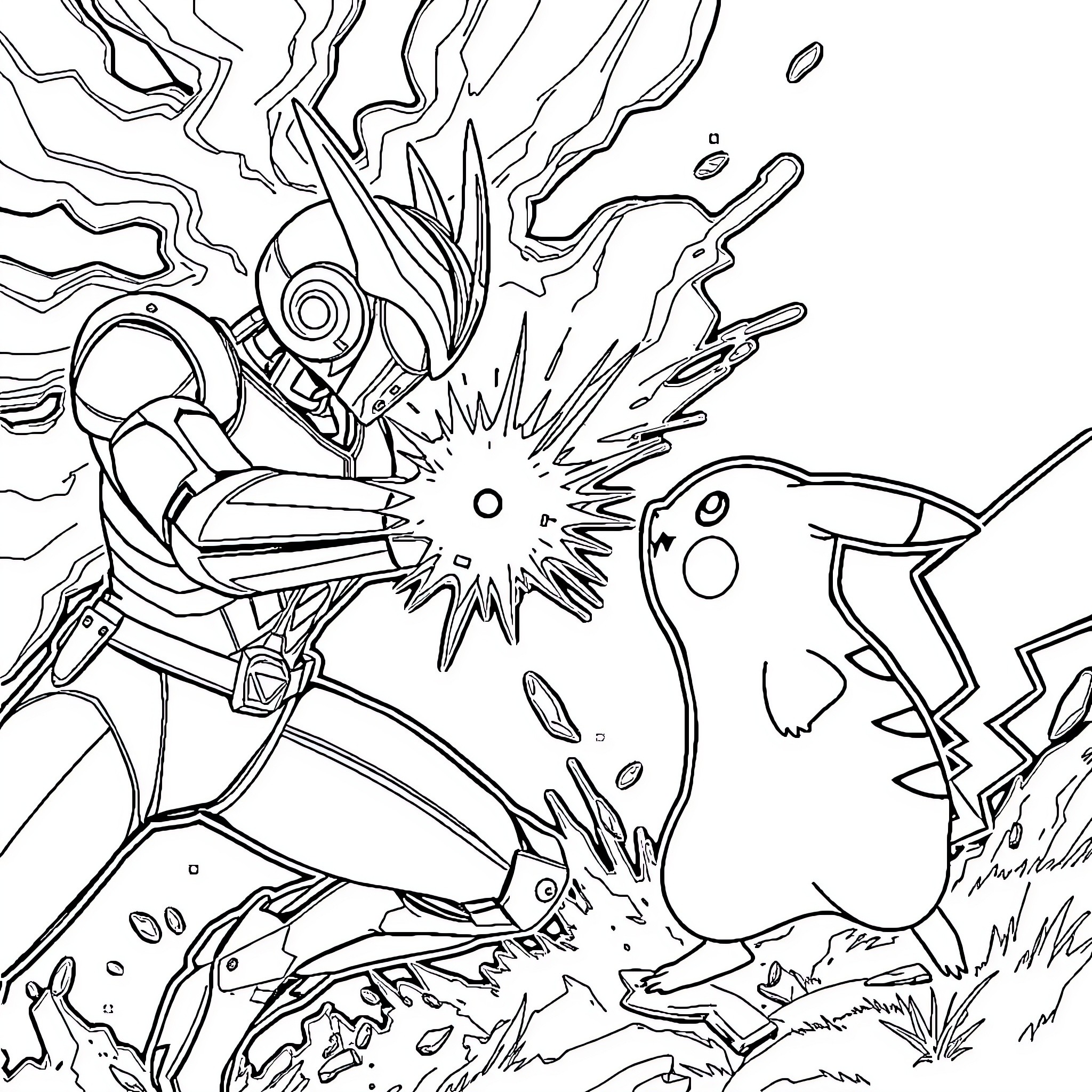 Ultraman battles fierce monster in the wilderness Coloring Page (free black-and-white line drawing printable PDF for all, from beginners to advanced learners, including children, teens, adults, and seniors)
