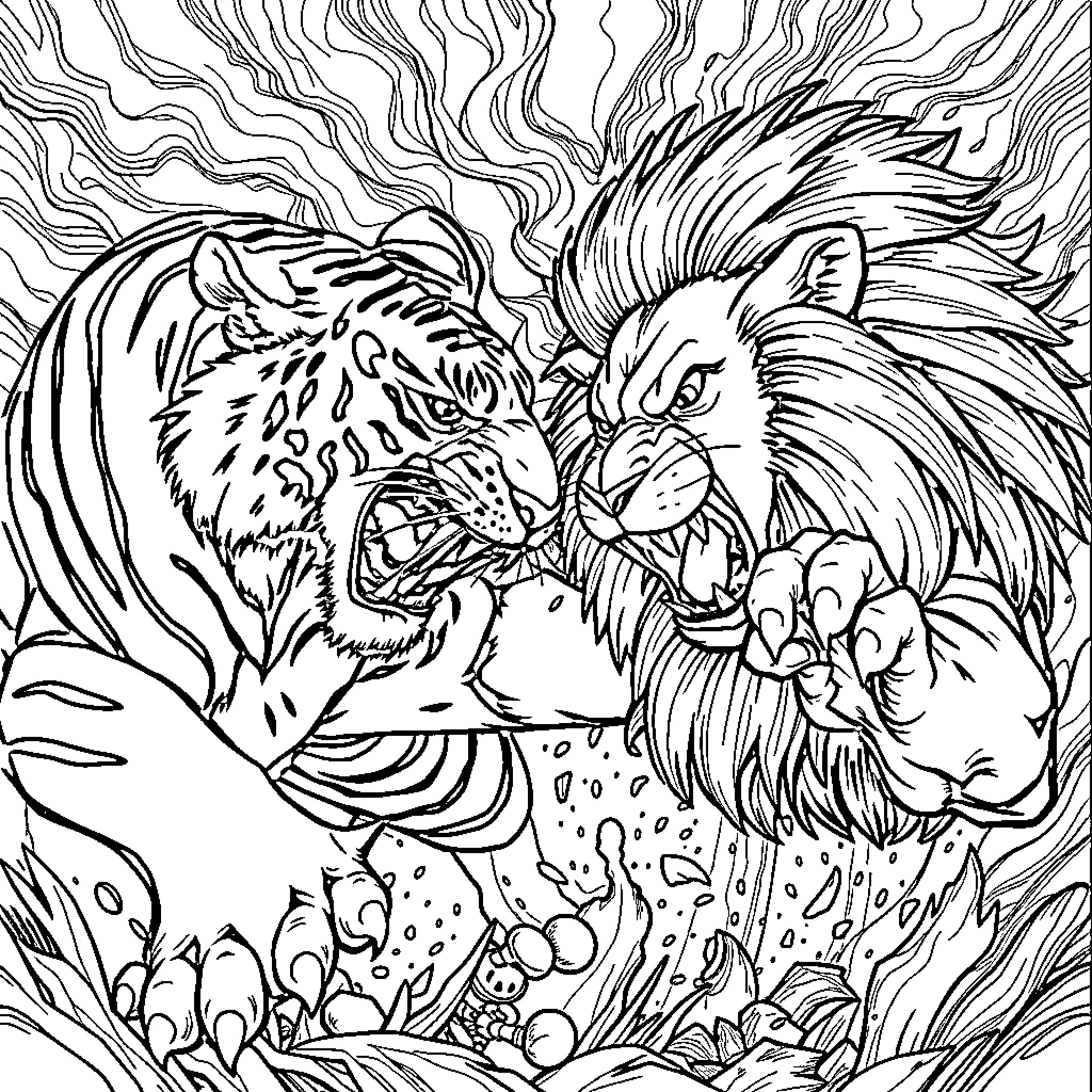 Tiger in Fierce Combat with Roaring Lion Coloring Page (free black-and-white line drawing printable PDF for all, from beginners to advanced learners, including children, teens, adults, and seniors)