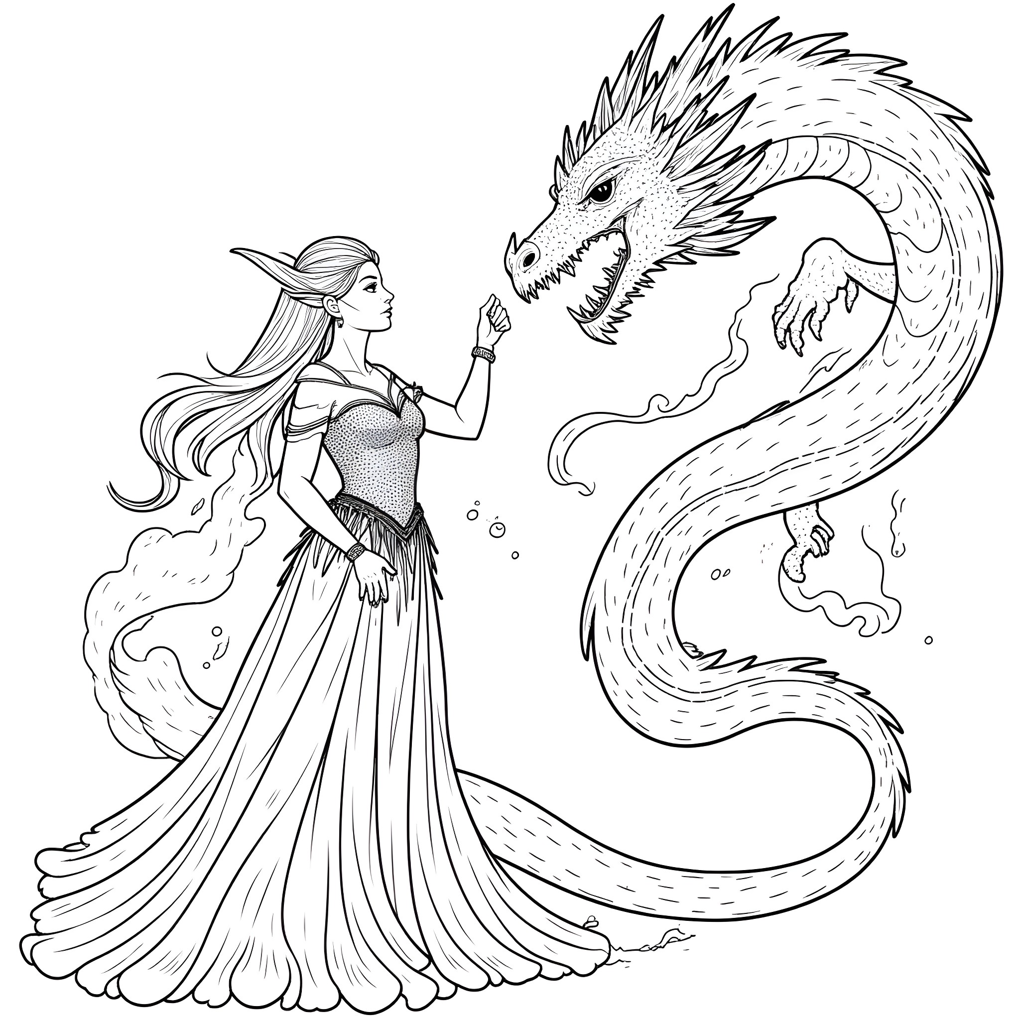 Elven Mage facing a fierce dragon Coloring Page (free black-and-white line drawing printable PDF for all, from beginners to advanced learners, including children, teens, adults, and seniors)