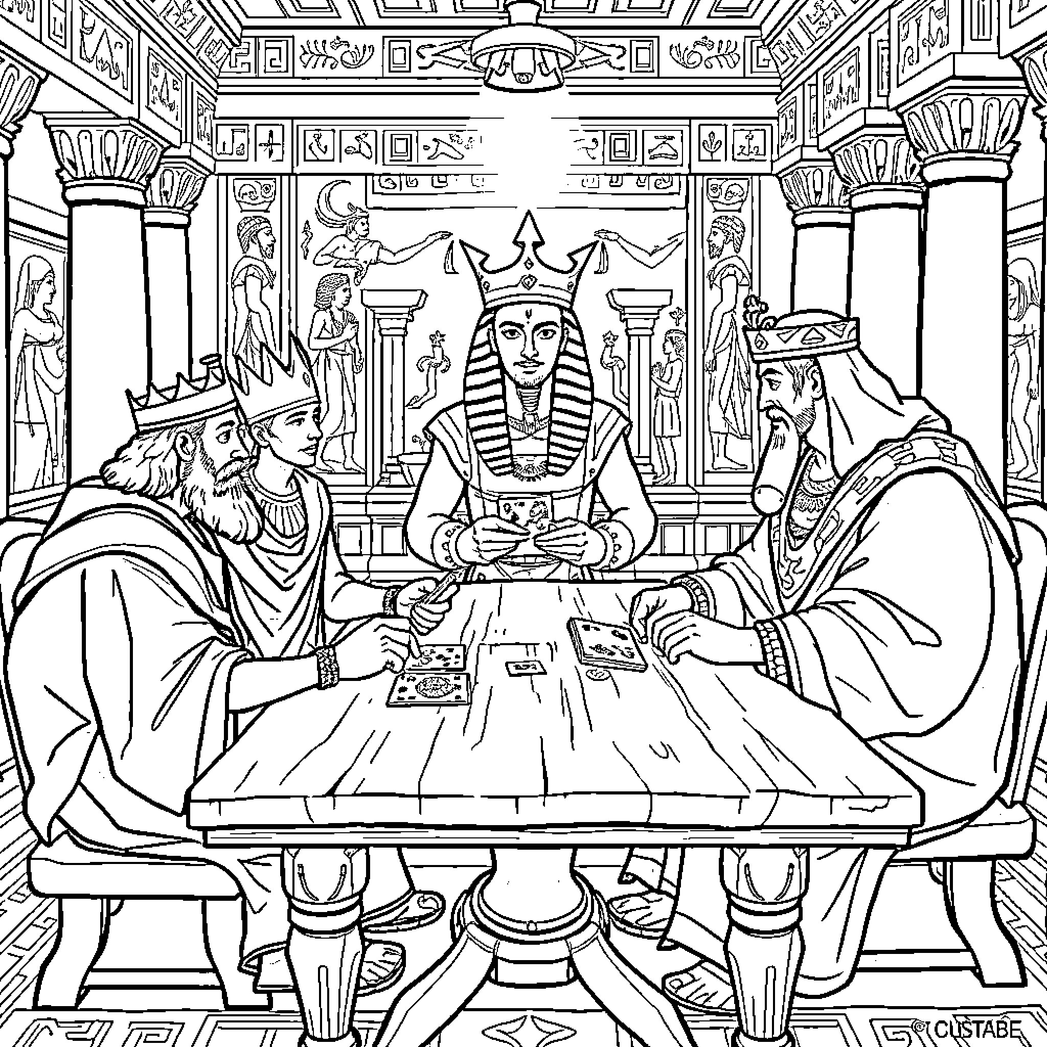 Moses summoned before the Pharaoh in ancient Egyptian court Coloring Page (free black-and-white line drawing printable PDF for all, from beginners to advanced learners, including children, teens, adults, and seniors)