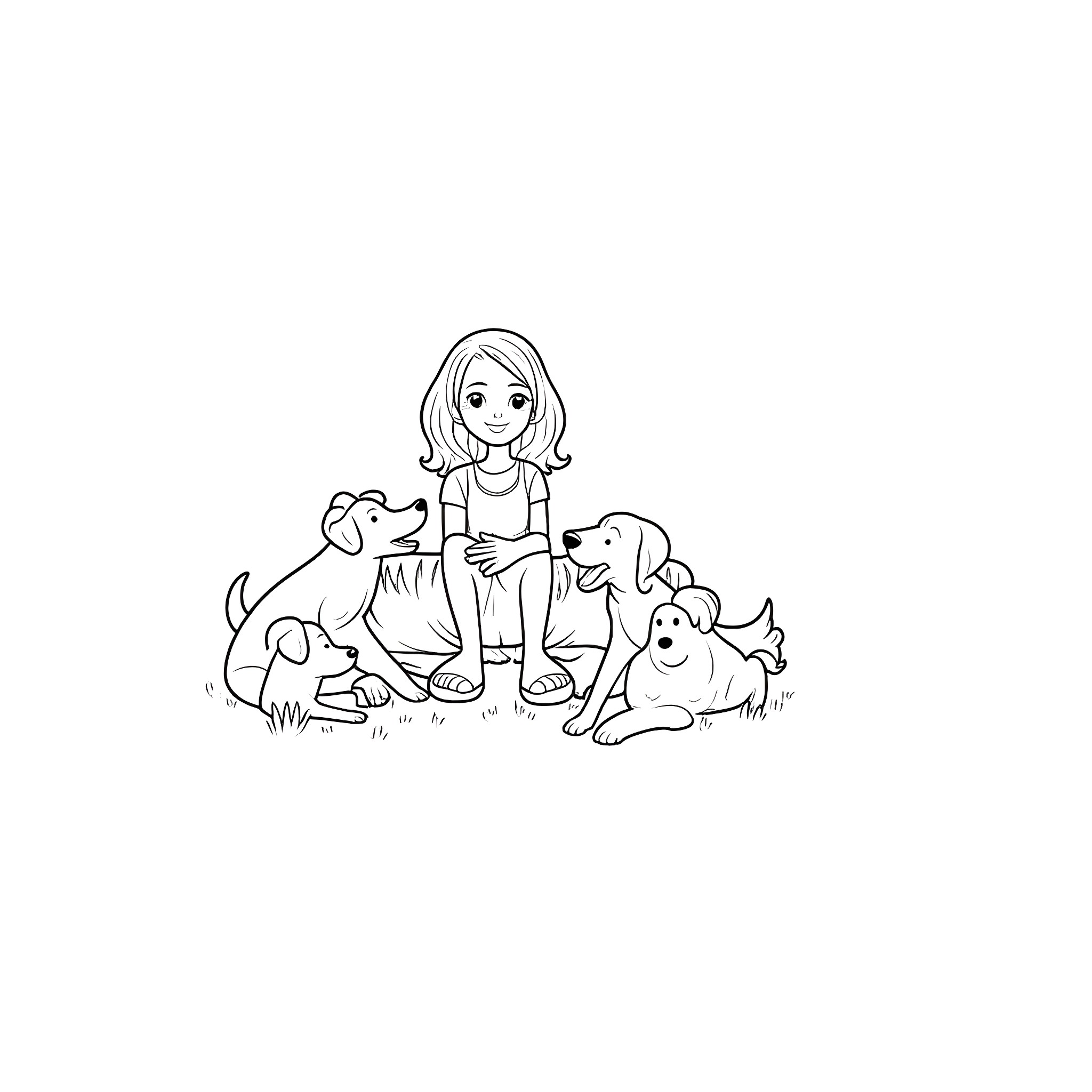 Girl playing with cute puppies in the park Coloring Page (free black-and-white line drawing printable PDF for all, from beginners to advanced learners, including children, teens, adults, and seniors)