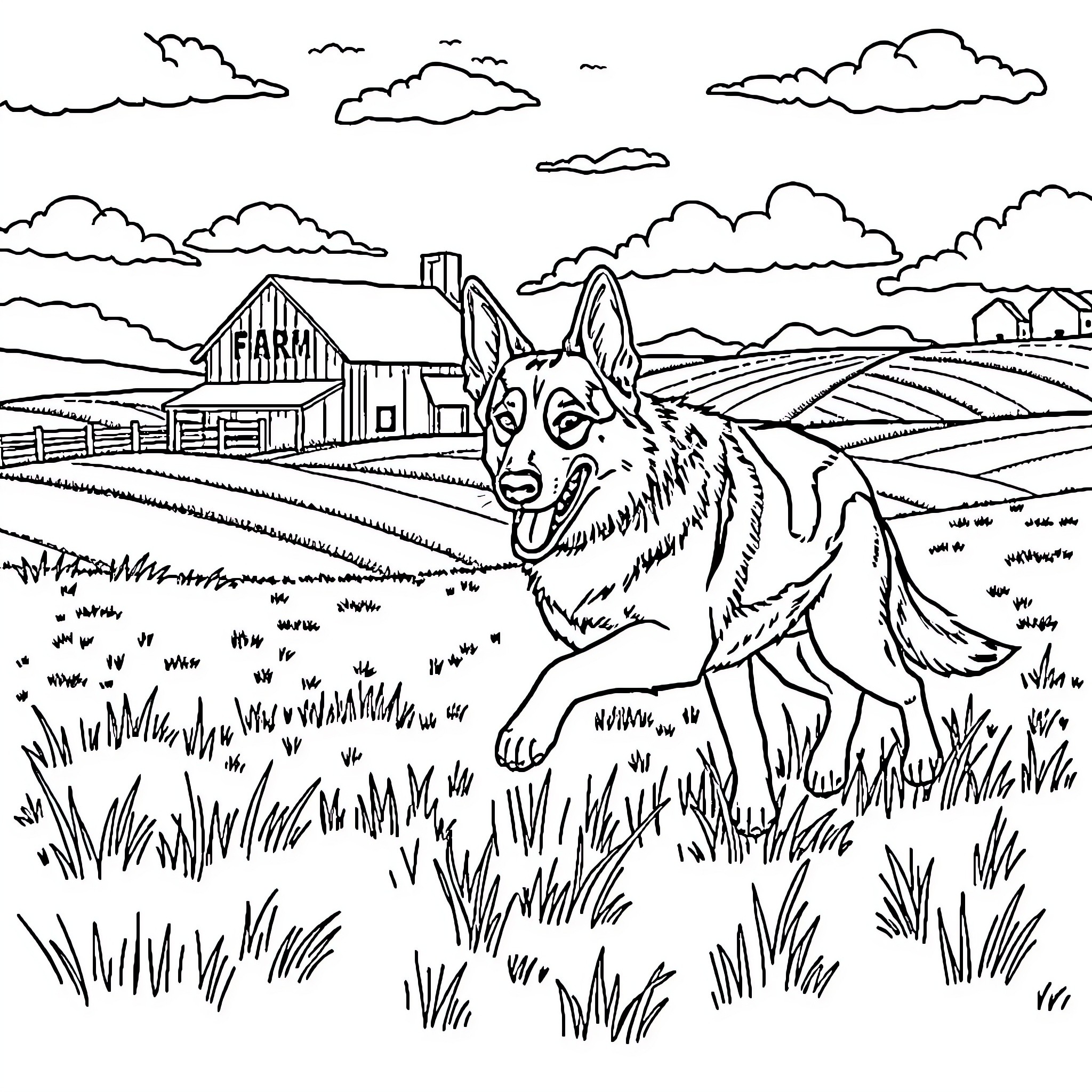 German Shepherd Guarding the Farmhouse Landscape Coloring Page (free black-and-white line drawing printable PDF for all, from beginners to advanced learners, including children, teens, adults, and seniors)
