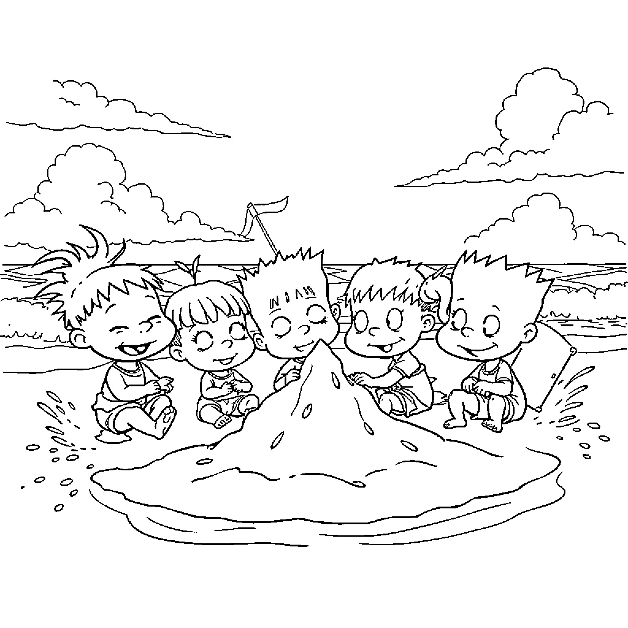 Rugrats having fun in the mud and water Coloring Page (free black-and-white line drawing printable PDF for all, from beginners to advanced learners, including children, teens, adults, and seniors)