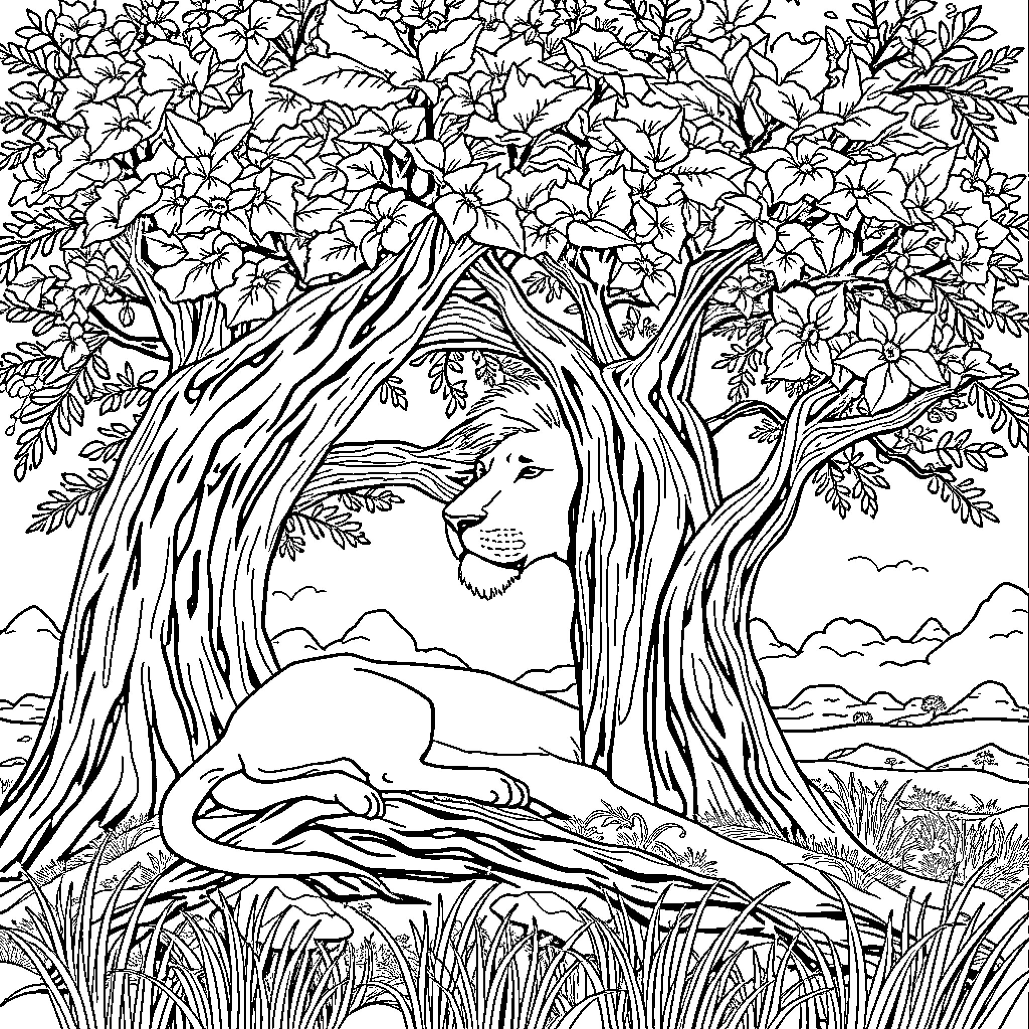 Lion resting peacefully in the lush forest Coloring Page (free black-and-white line drawing printable PDF for all, from beginners to advanced learners, including children, teens, adults, and seniors)