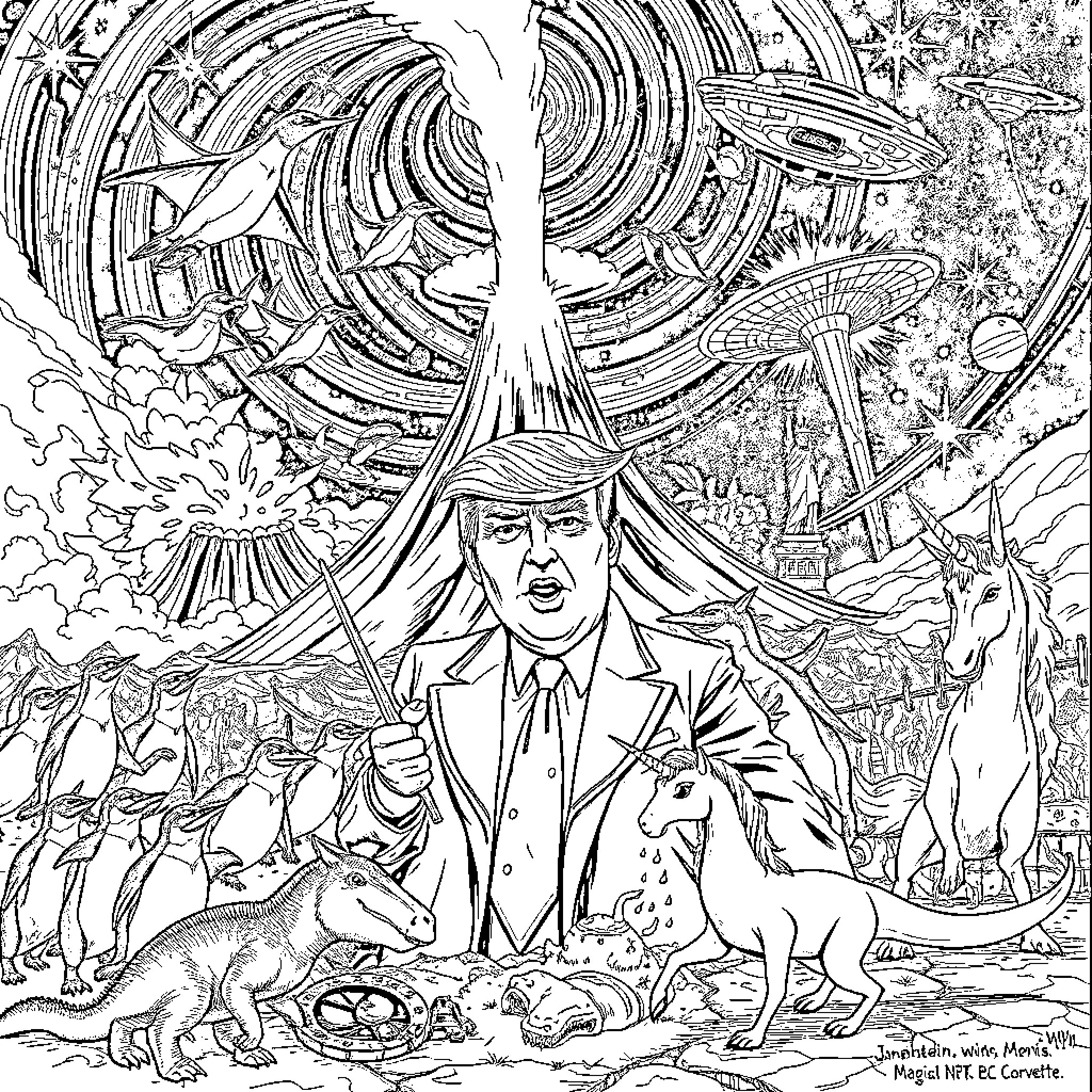 Trump's Surreal Cosmic Menagerie Coloring Page (free black-and-white line drawing printable PDF for all, from beginners to advanced learners, including children, teens, adults, and seniors)