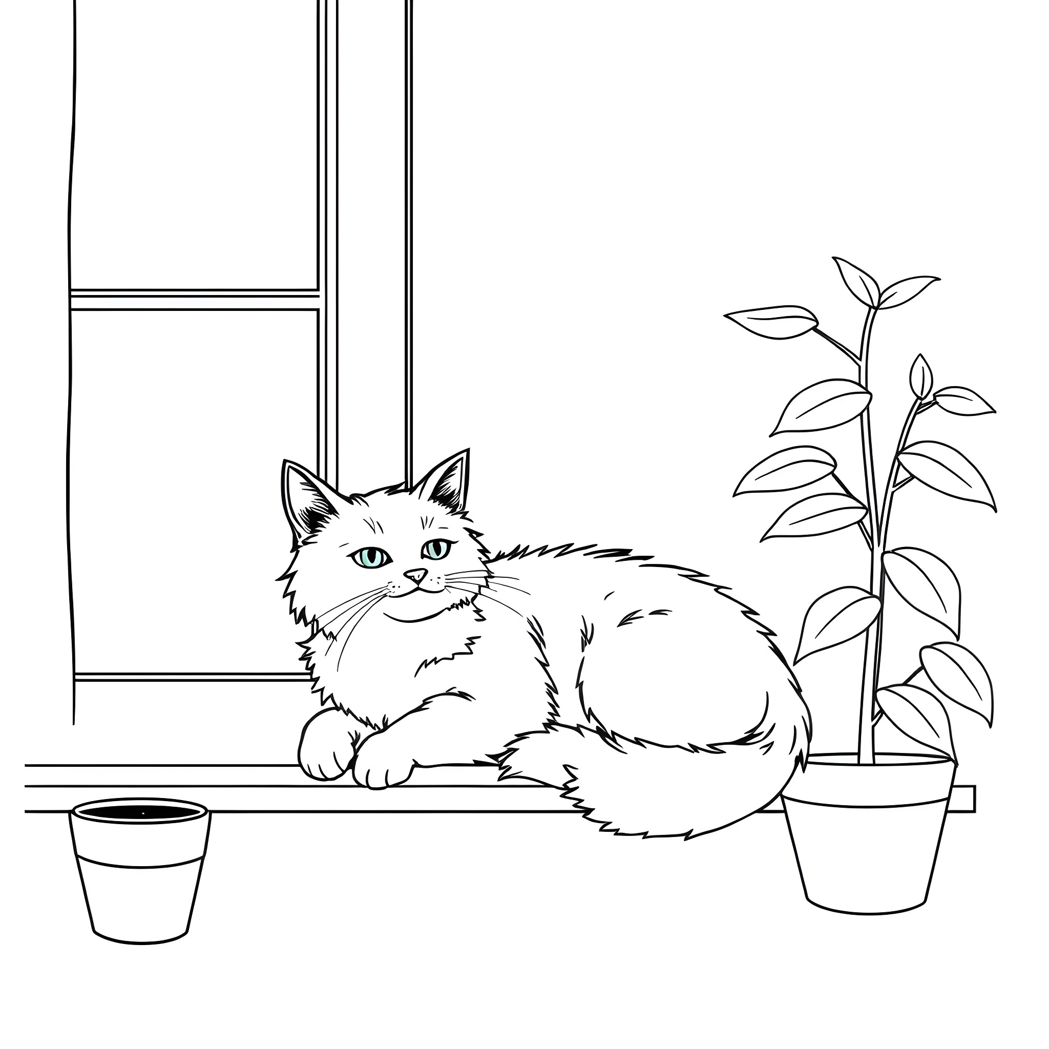 Cat relaxing on the windowsill with plants Coloring Page (free black-and-white line drawing printable PDF for all, from beginners to advanced learners, including children, teens, adults, and seniors)