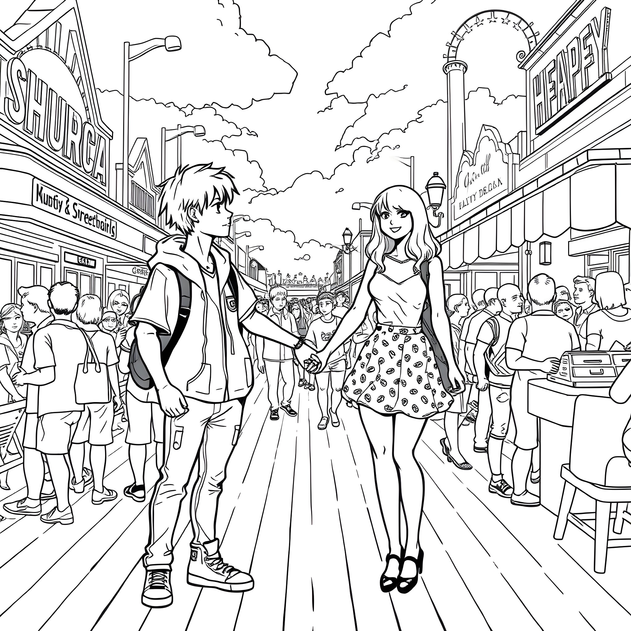 Gojo and Marin strolling through a bustling city street Coloring Page (free black-and-white line drawing printable PDF for all, from beginners to advanced learners, including children, teens, adults, and seniors)