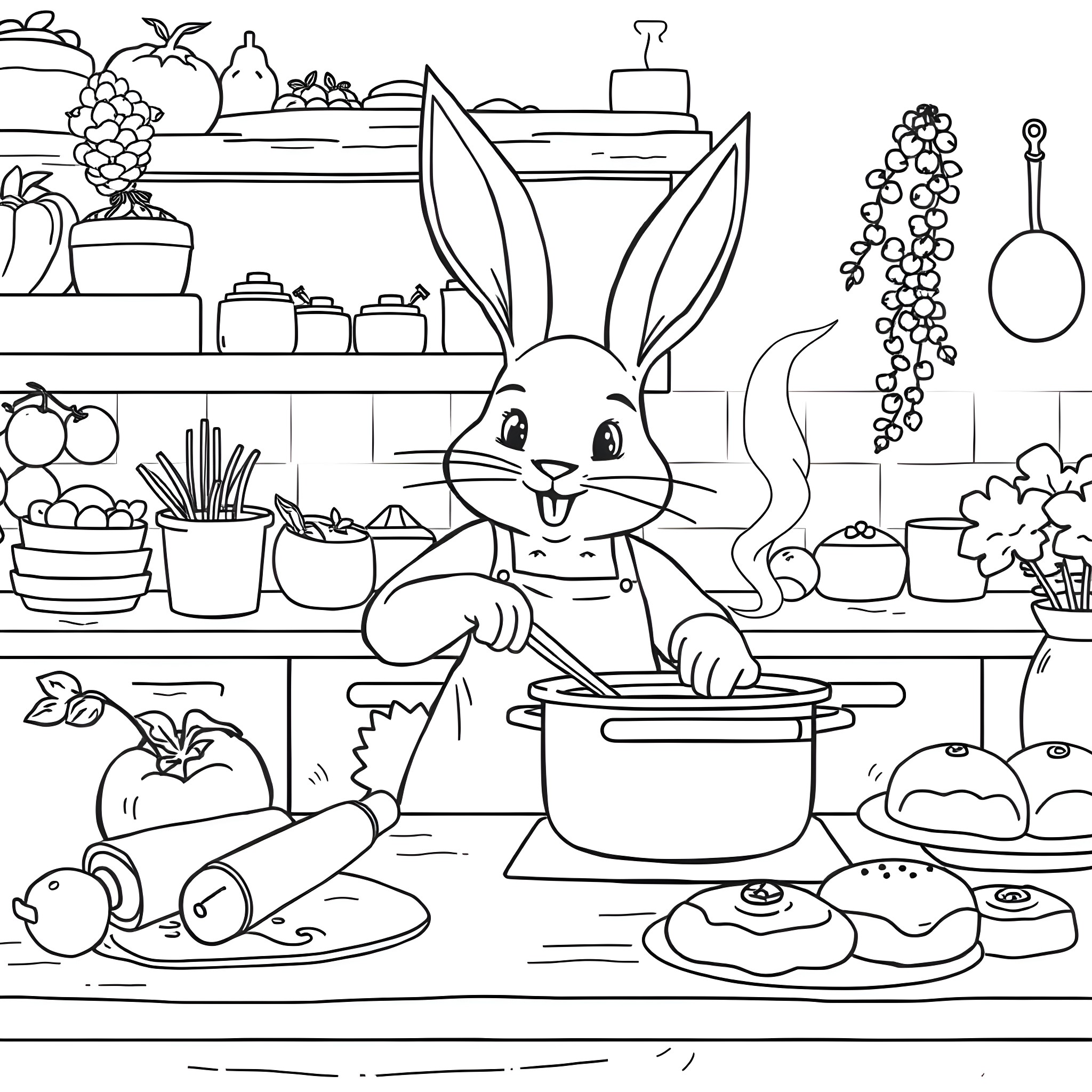 Bunny cooking in a cozy kitchen Coloring Page (free black-and-white line drawing printable PDF for all, from beginners to advanced learners, including children, teens, adults, and seniors)