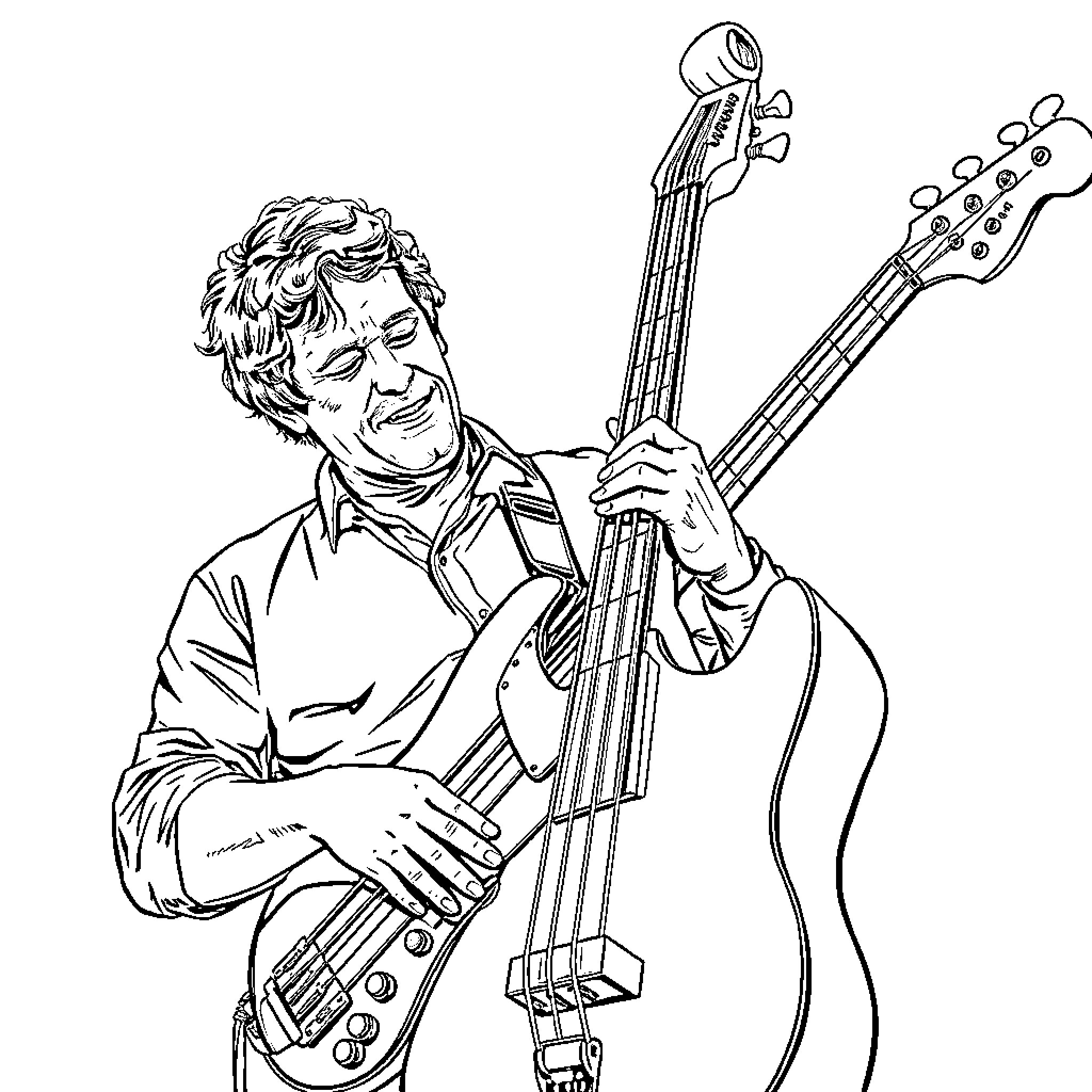 Simon playing guitar with passion and joy Coloring Page (free black-and-white line drawing printable PDF for all, from beginners to advanced learners, including children, teens, adults, and seniors)
