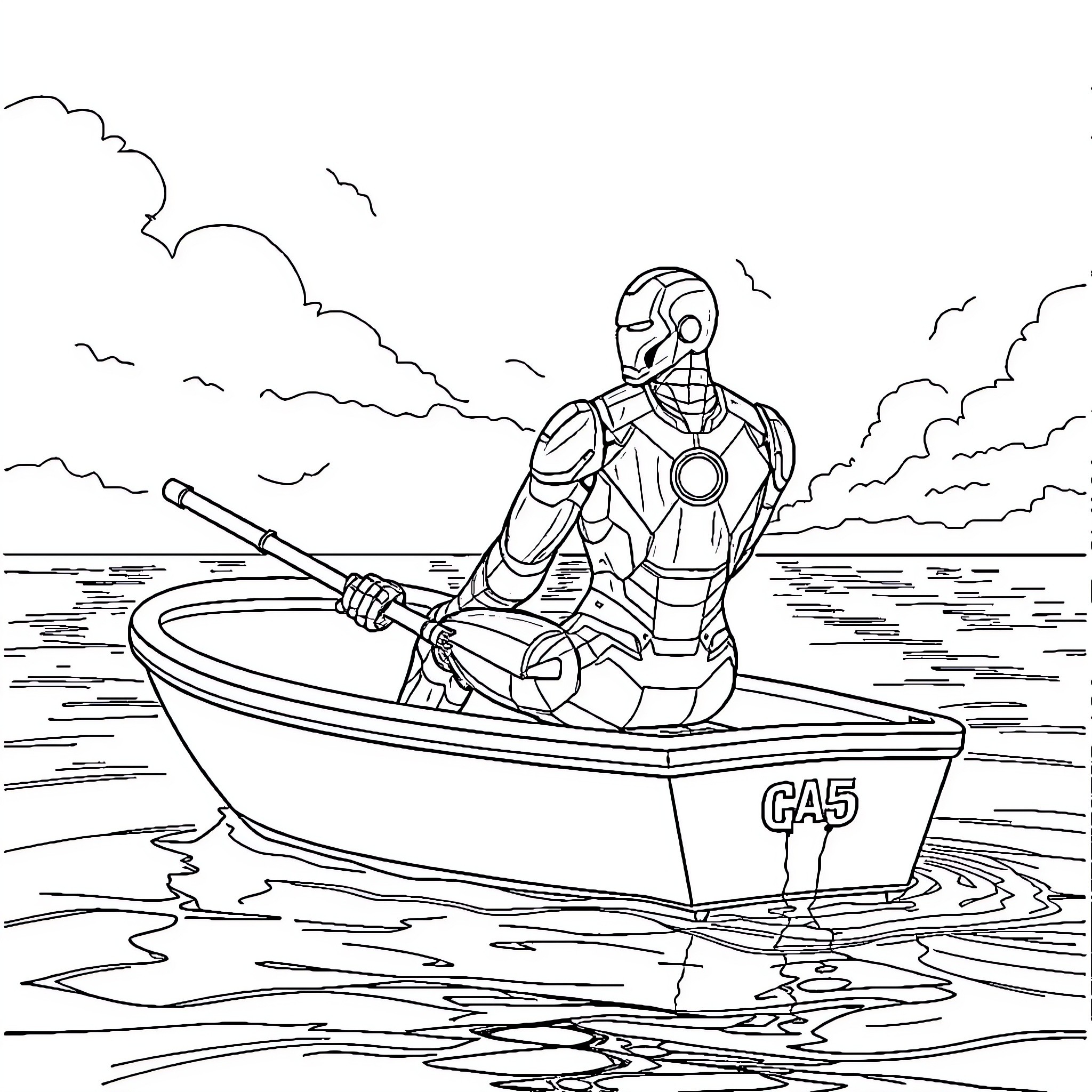 Ironman navigating a boat on the water Coloring Page (free black-and-white line drawing printable PDF for all, from beginners to advanced learners, including children, teens, adults, and seniors)