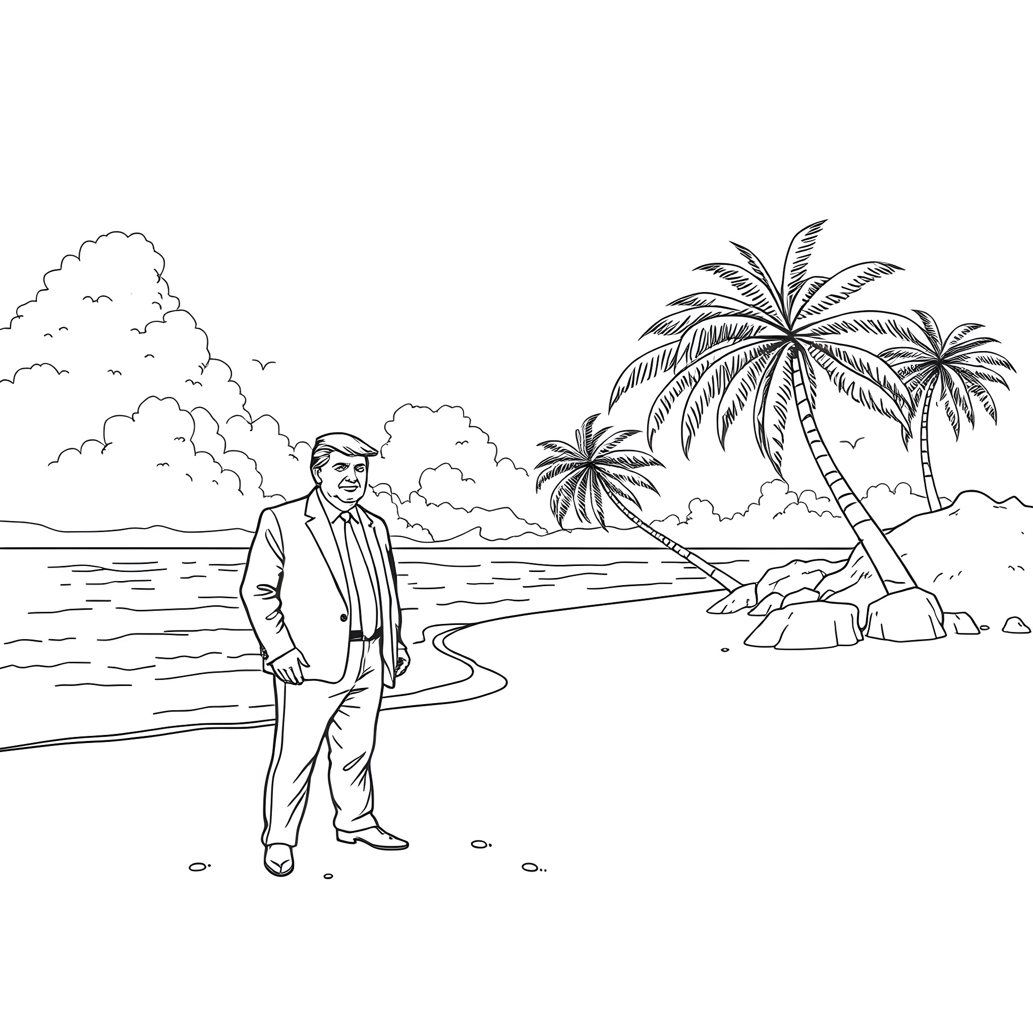 Trump relaxing on a tropical beach Coloring Page (free black-and-white line drawing printable PDF for all, from beginners to advanced learners, including children, teens, adults, and seniors)