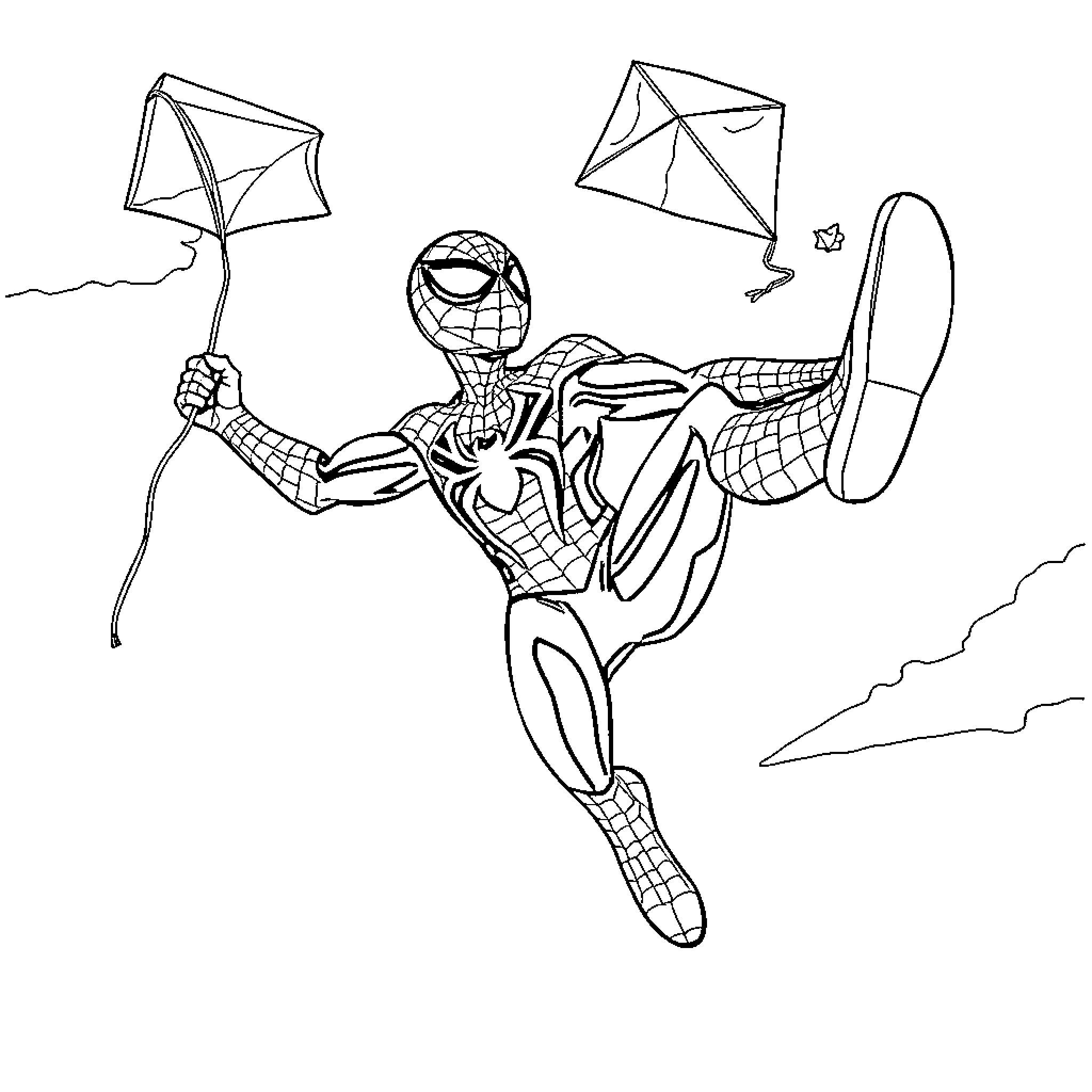 Spider-Man flying and swinging with kites in the sky Coloring Page (free black-and-white line drawing printable PDF for all, from beginners to advanced learners, including children, teens, adults, and seniors)