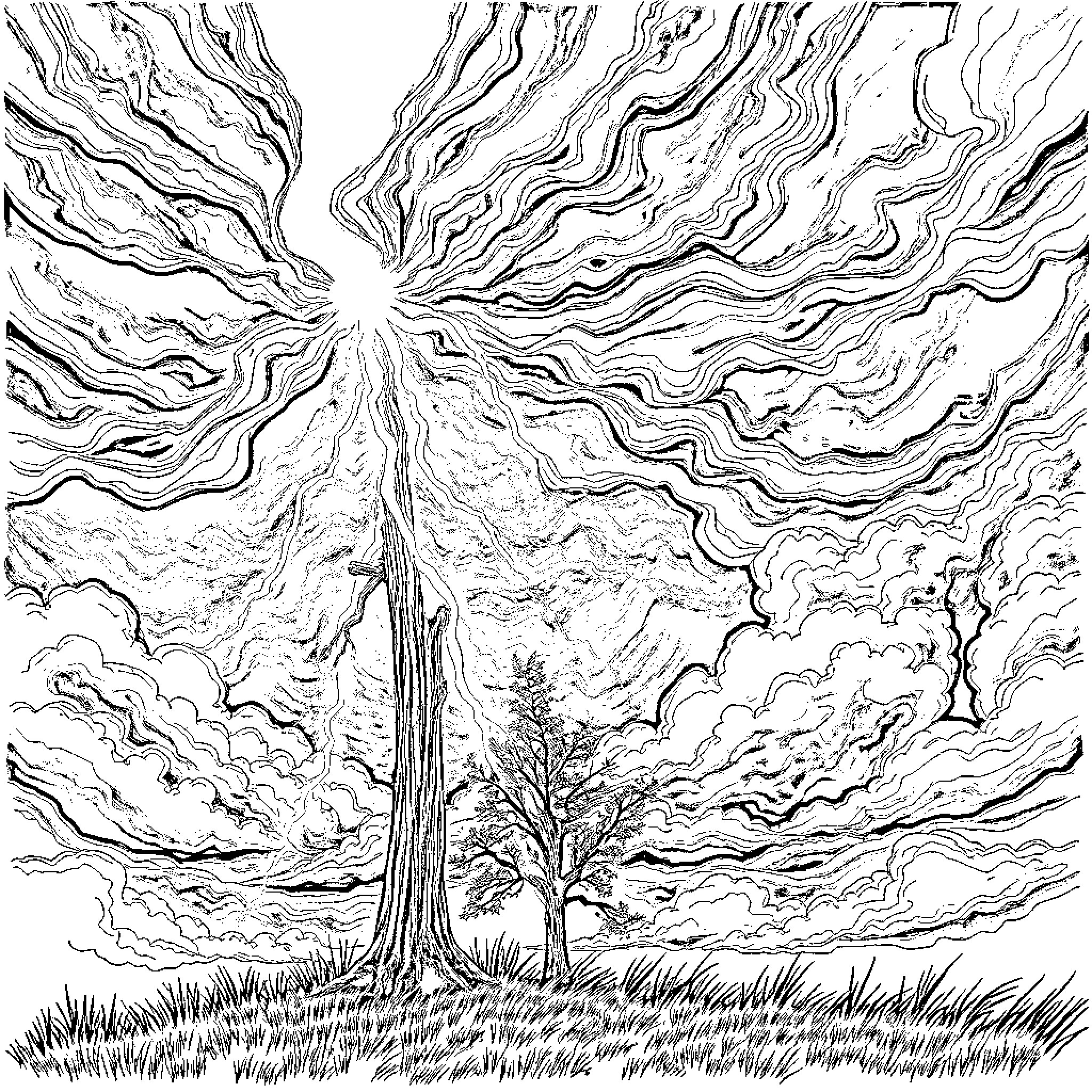 Lightning illuminating the stormy sky Coloring Page (free black-and-white line drawing printable PDF for all, from beginners to advanced learners, including children, teens, adults, and seniors)